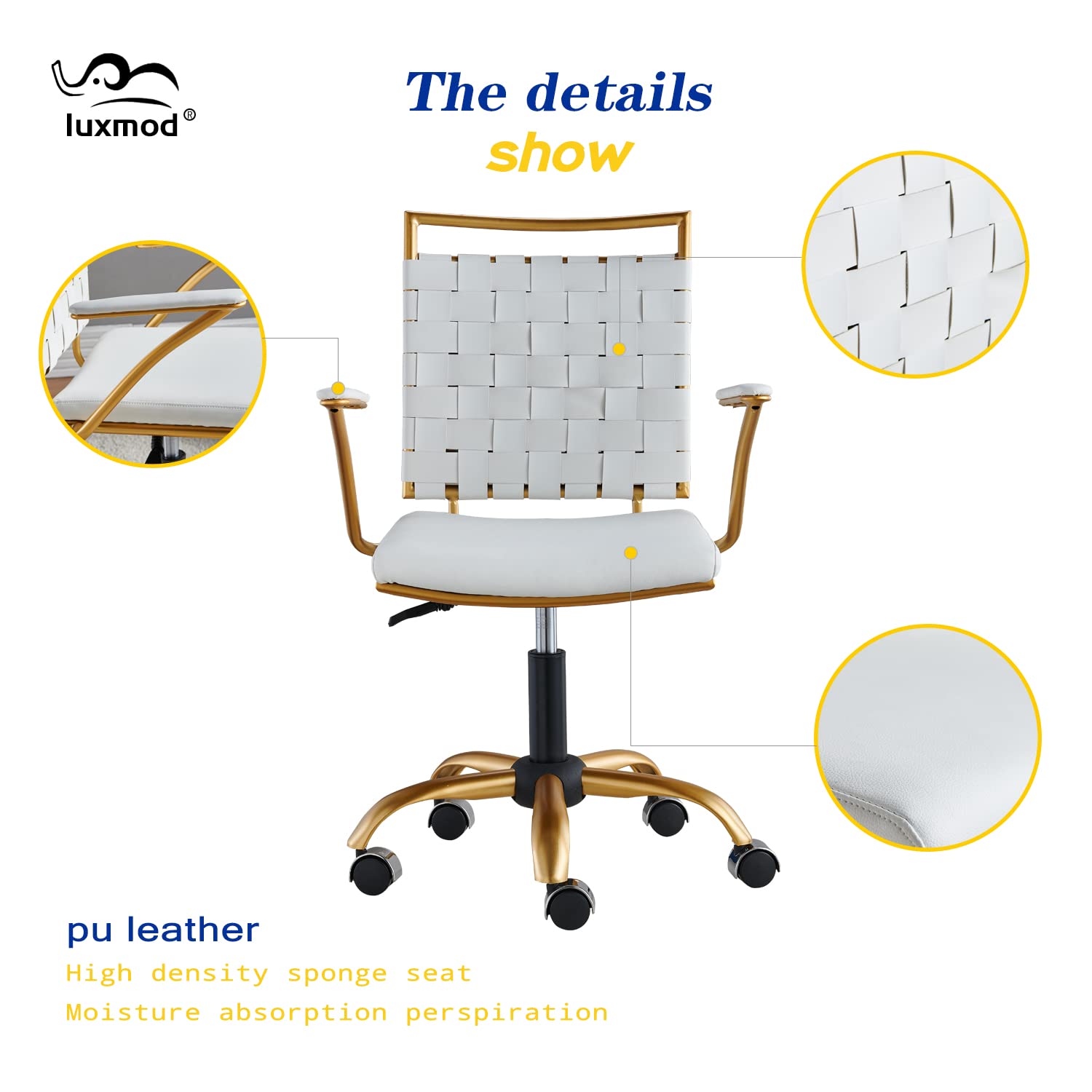 Gold Vanity Chair - Mid Back Ergonomic Swivel Office Chair with Arms, White Leather Computer Desk Chair for Lumbar Support - Perfect for Home Office, Makeup Vanity & Gaming Setup