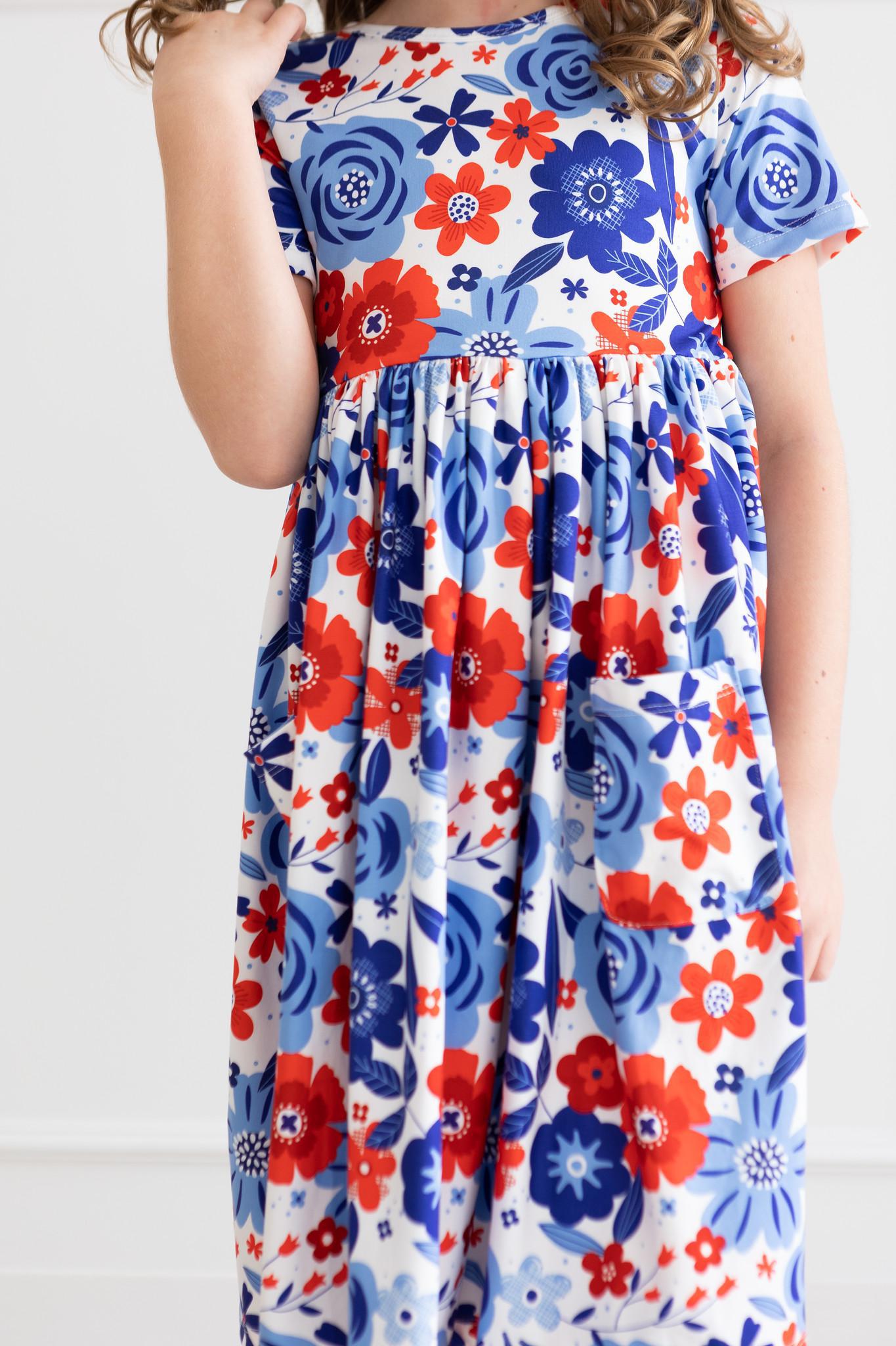 Happy 4th Floral Short Sleeve Pocket Twirl Dress - Perfect for Summer Parties, Independence Day Celebrations & Casual Outings