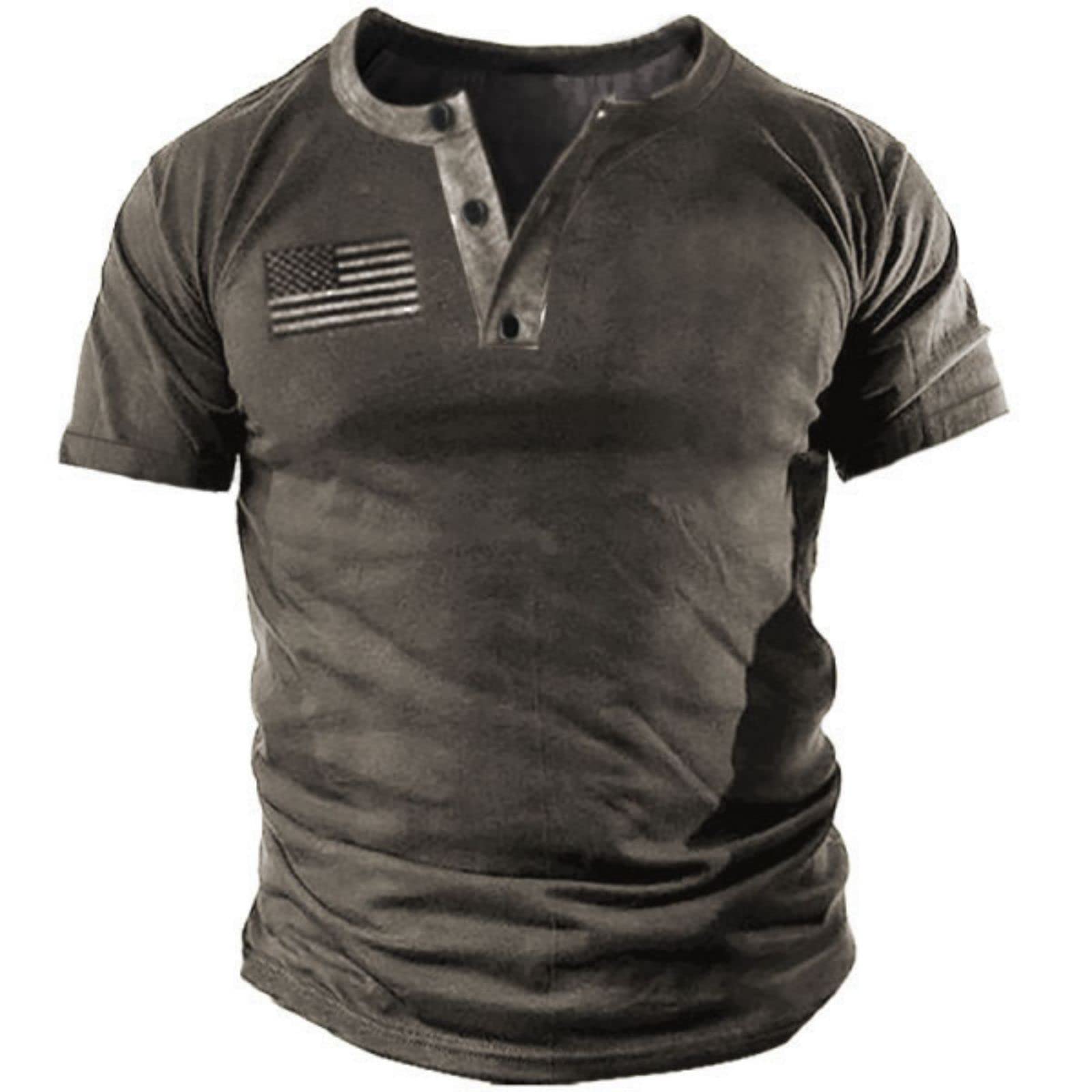 Men's Casual Button Short Sleeve Henley T-Shirt - Patriotic Tactical Military Army Shirt for Outdoor, Hiking & Workwear | Comfortable & Durable Cotton Tee