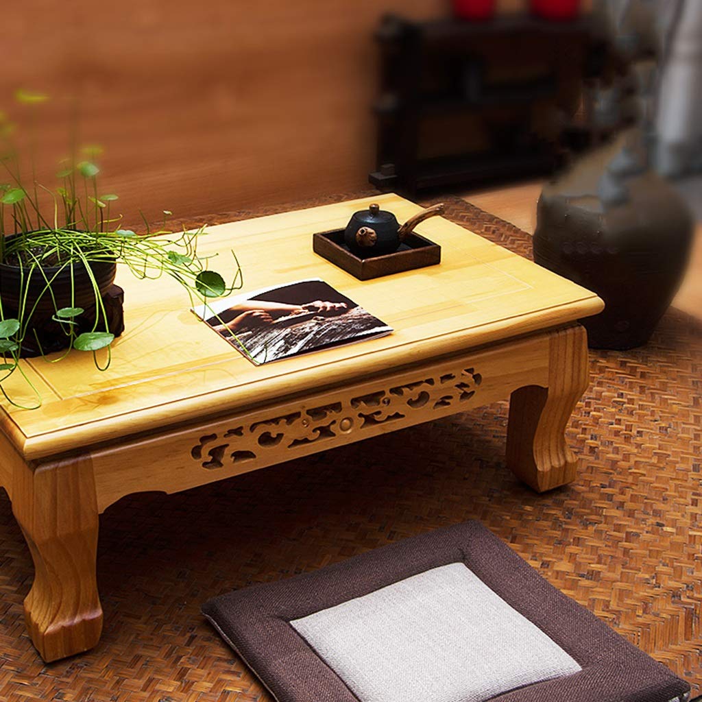 Hand-Carved Solid Wood Coffee Table - Small Rectangular Low Tatami Table for Living Room, Balcony & Bay Window - Multi-Functional Japanese Style Coffee Table for Tea Ceremony, Reading Nook & Home Decor