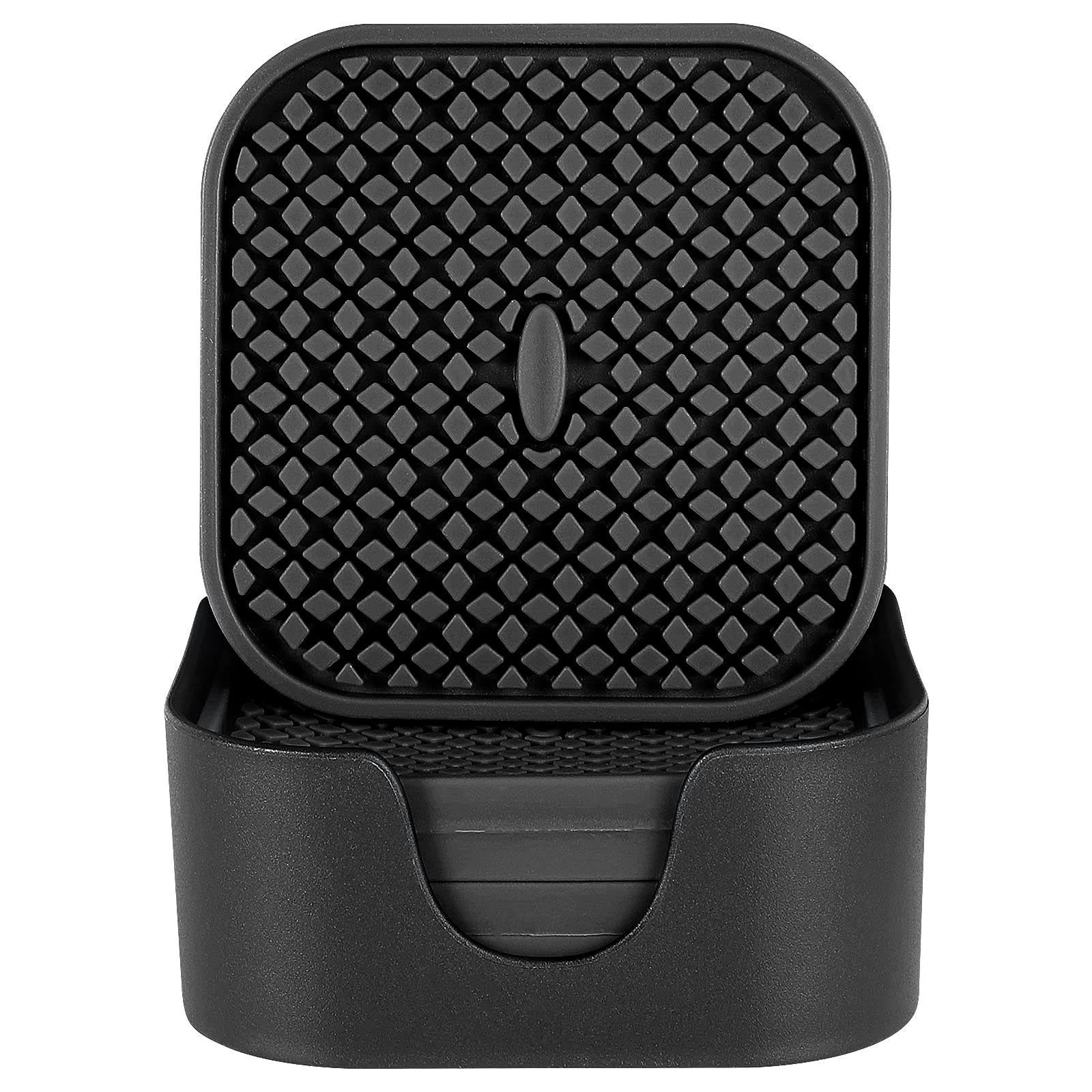 Premium Silicone Drink Coasters [6 Pack] - Non-Slip, Non-Stick Cup Mats with Holder - Deep Tray Design Protects Furniture & Tabletops - Square Black - Perfect for Coffee Tables, Dining Tables, and Office Desks