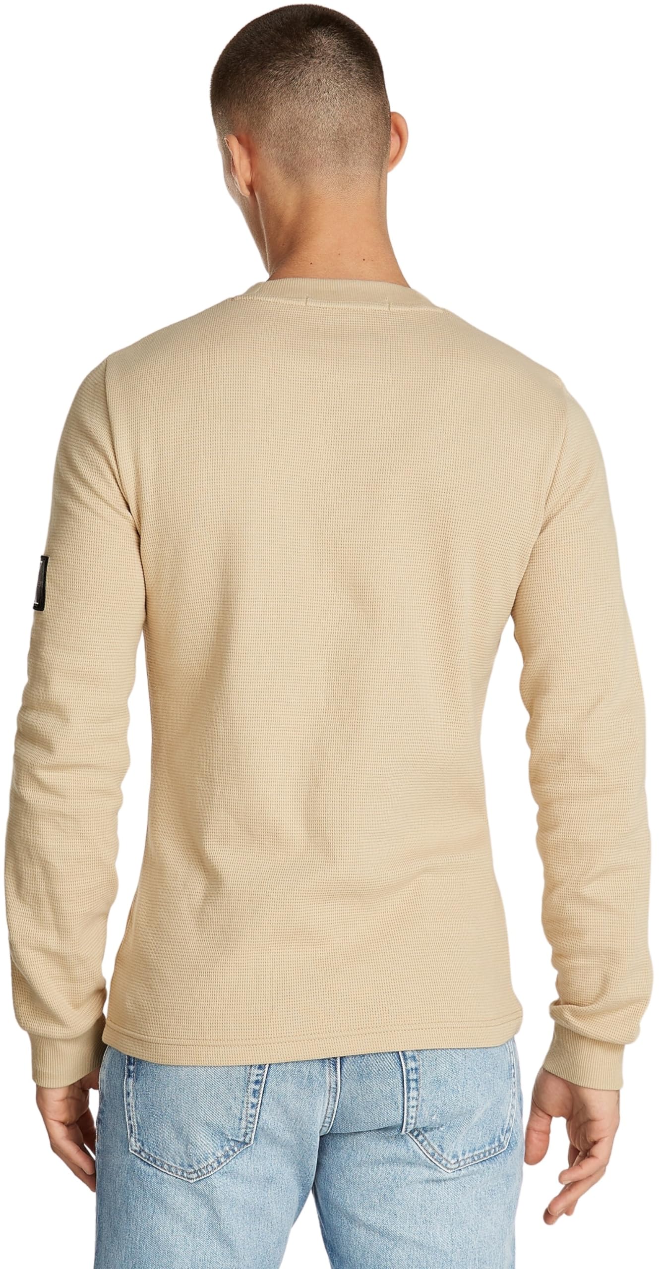 Calvin Klein Men's Long Sleeve Waffle Knit Badge Logo T-Shirt - Comfortable Casual Top for Everyday Wear, Work & Weekend Outfits