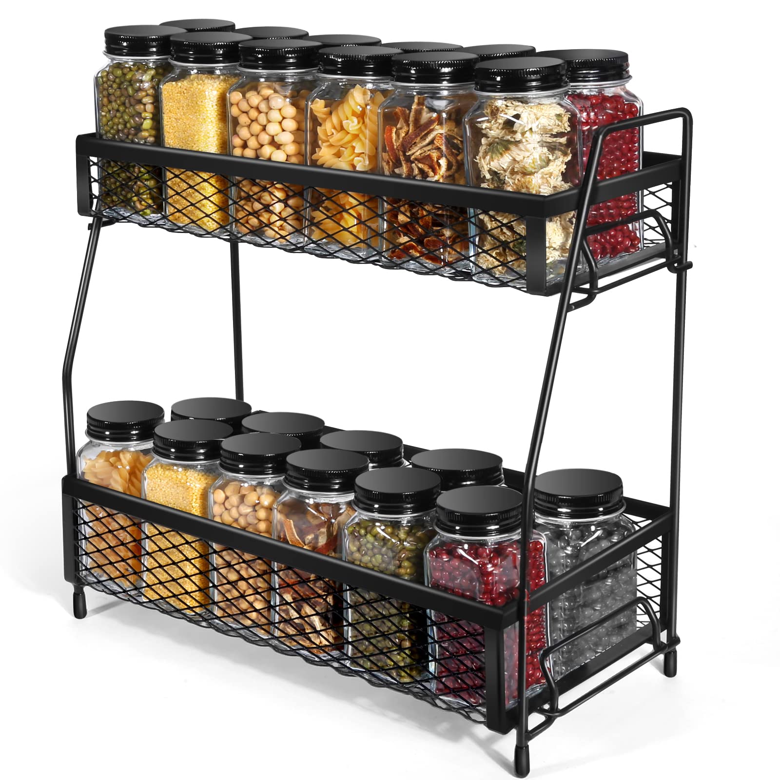 2-Tier Foldable Metal Spice Rack Organizer - Non-Slip Countertop Storage for Kitchen & Bathroom | Space-Saving Black Spice Holder for Countertops, Cabinets & Pantry Organization