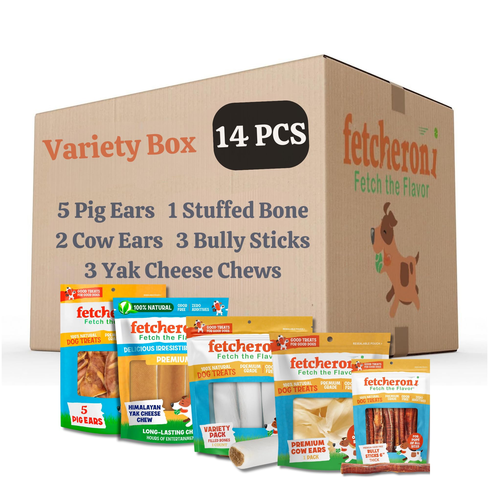Premium Dog Treat Variety Box - 5 Pig Ears, 3 Yak Cheese Chews, 3 Bully Sticks, 2 Cow Ears & 1 Dog Bone - 100% Natural Long-Lasting Chews for Dogs - Perfect for Training, Teething & Dental Health