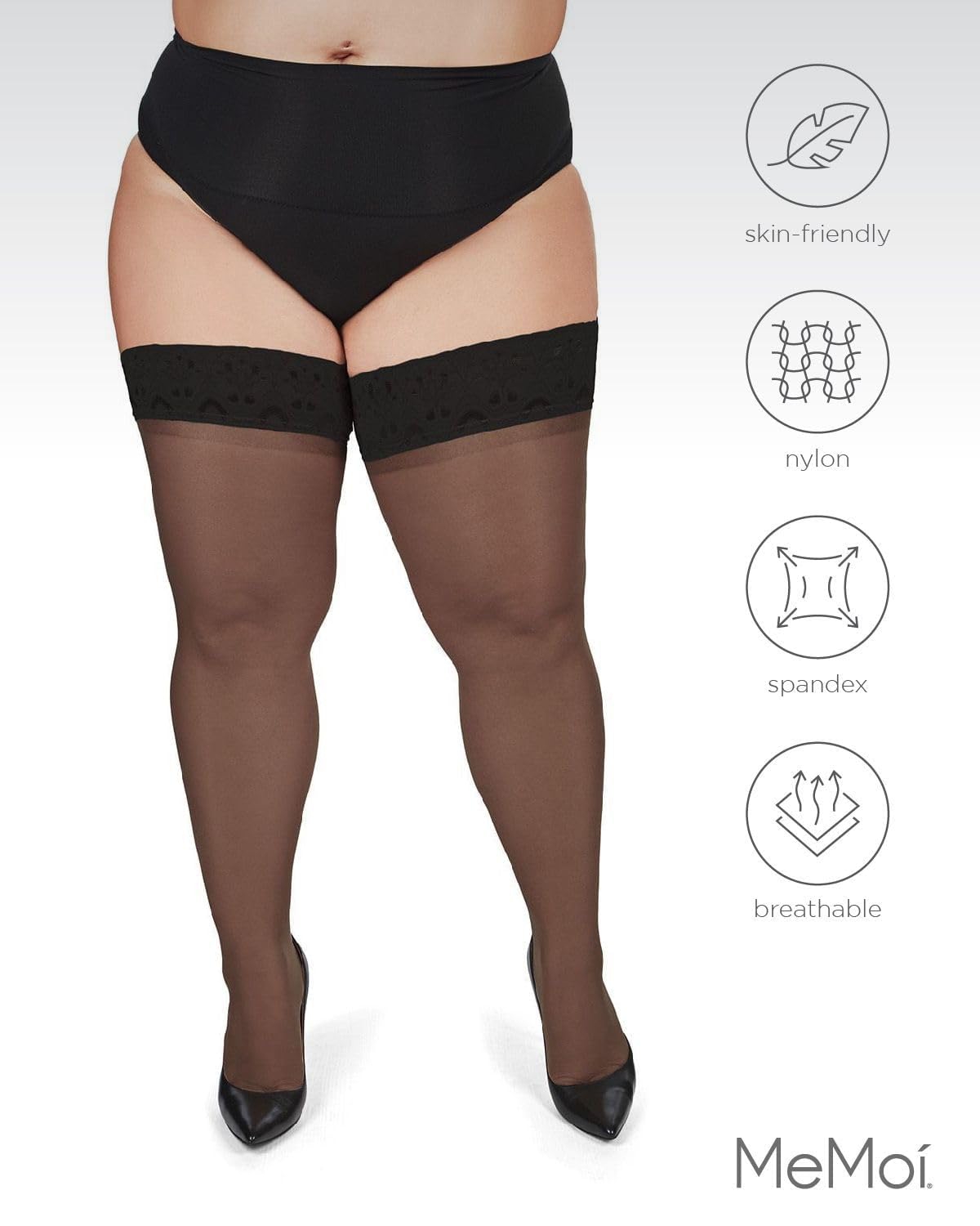 MeMoi Plus Size Thigh High Stockings for Women - Silky Lace Thigh Highs Socks 1X-7X - Comfortable & Sexy Stockings for Curvy Figures - Perfect for Date Night, Parties & Special Occasions
