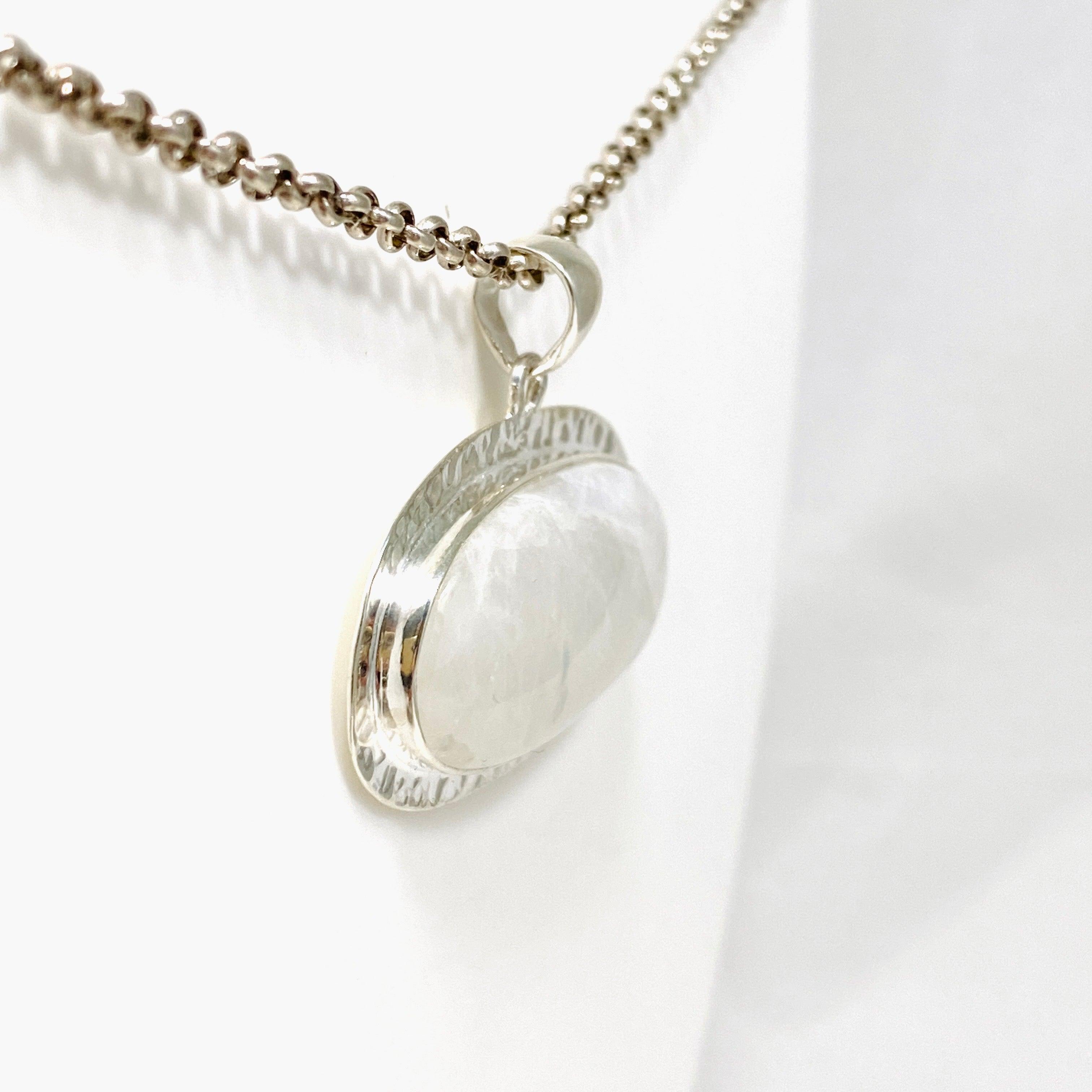 Moonstone Oval Pendant Necklace with Hammered Sterling Silver Setting KPGJ4242 - Elegant Boho Jewelry for Women, Perfect for Weddings & Special Occasions
