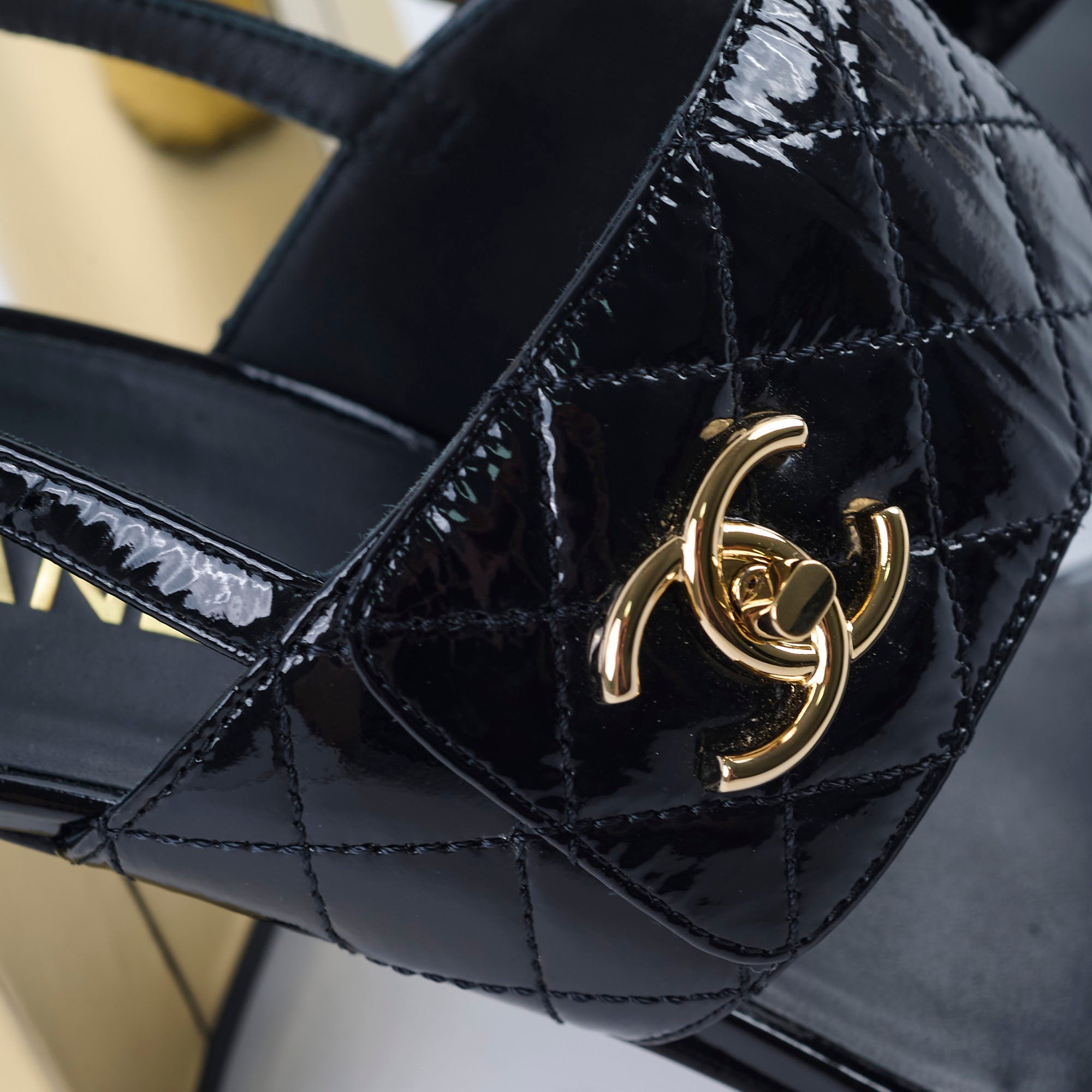 Chanel Patent Leather Quilted Turnlock Sandals for Women - Black/Gold - Size 40.5C (US 10) - Luxury Designer Heels for Parties, Weddings & Evening Events