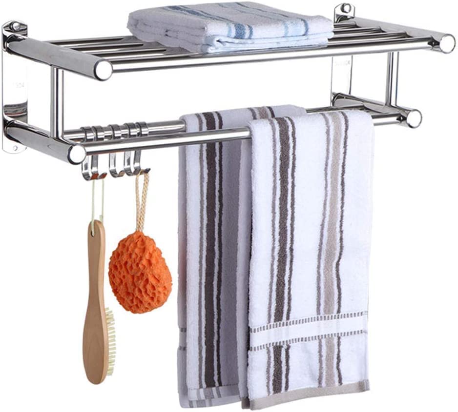 Stainless Steel Wall Mounted Towel Rack with Hooks - Double Towel Bar Rail & Storage Shelf Holder for Bathroom & Kitchen - 40cm & 50cm Options - Perfect for Small Spaces & Modern Home Decor