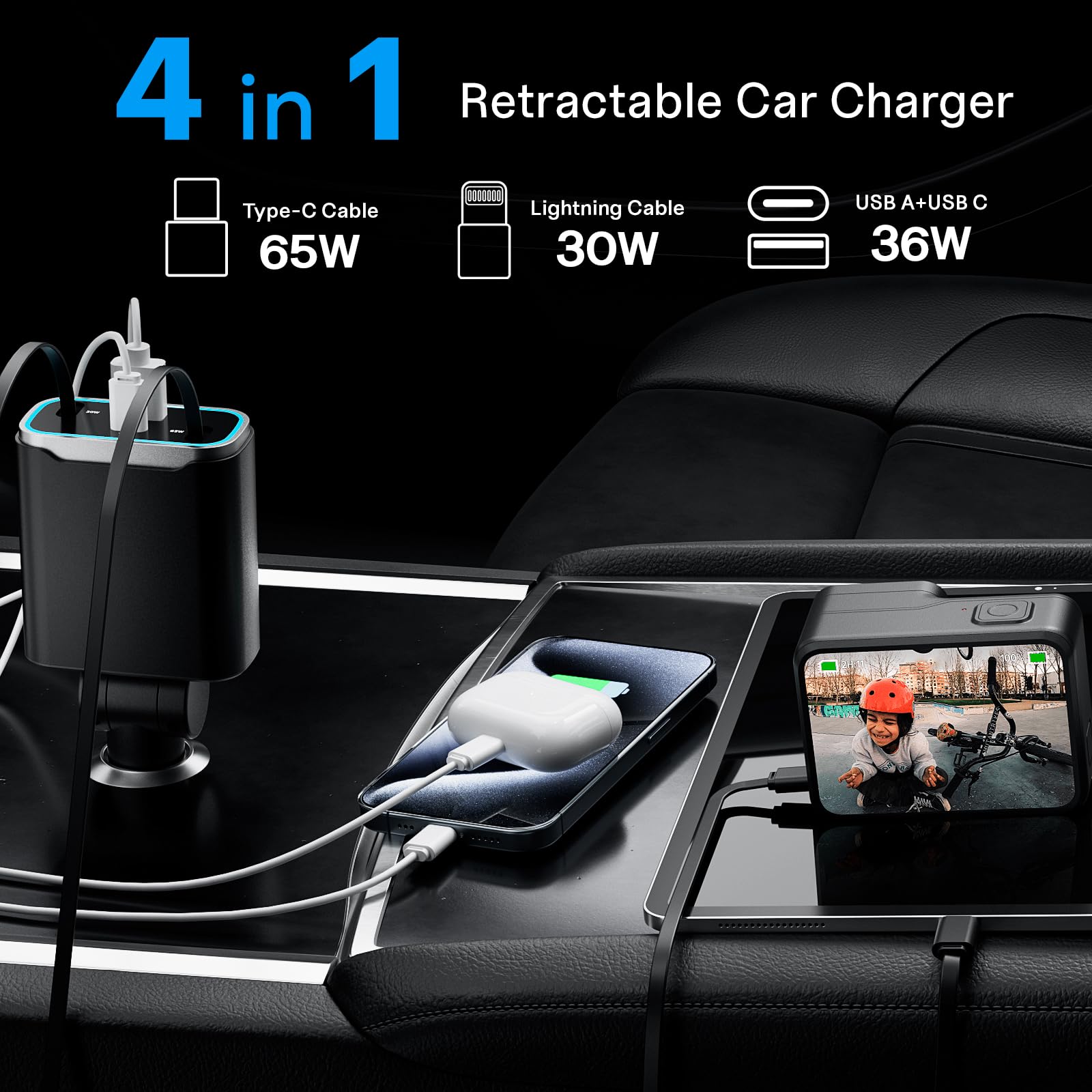 131W Retractable Car Charger with 4 USB Ports - Fast Charging USB C Car Adapter for iPhone 16/15/14/13/12/11 Pro Max - Perfect for Road Trips & Daily Commute