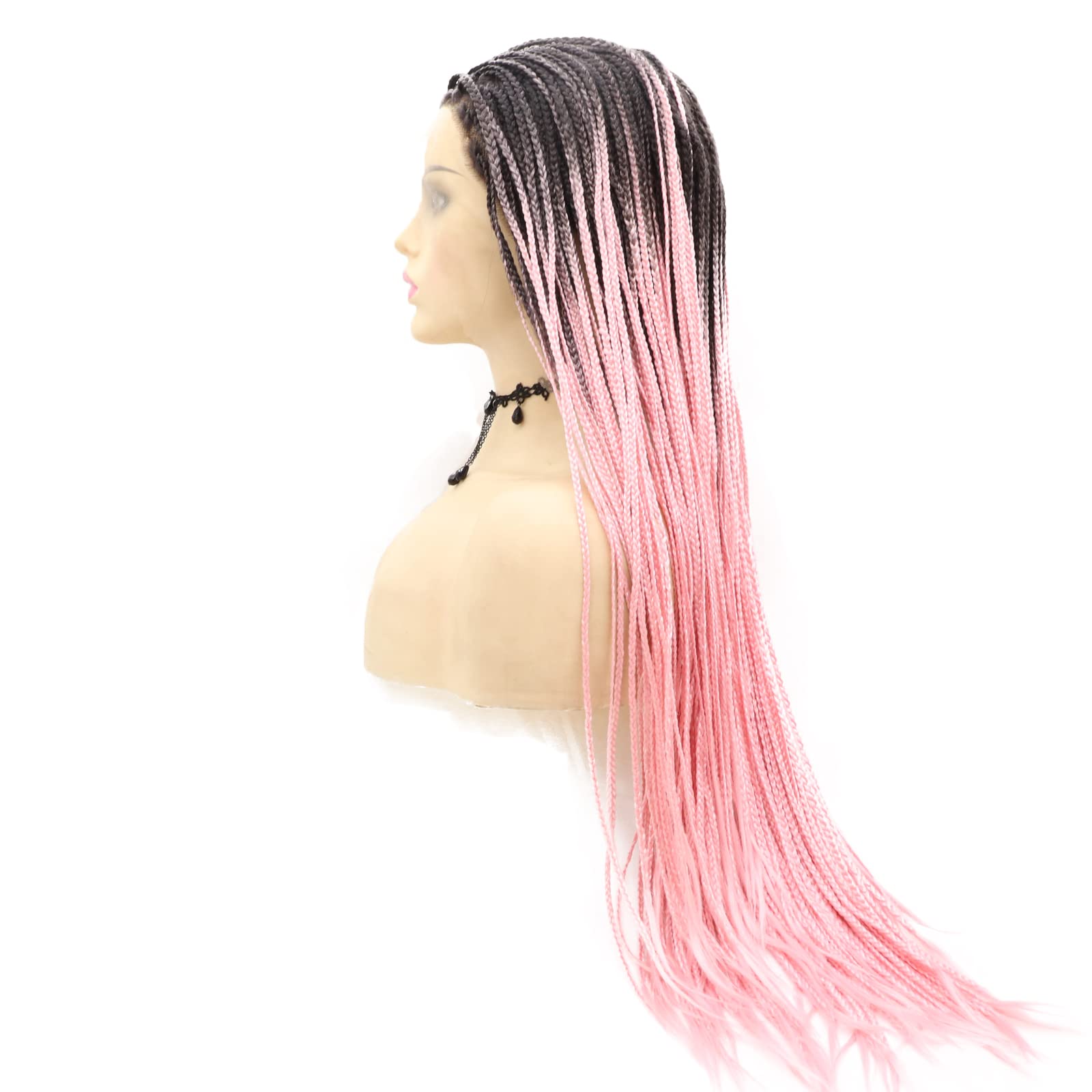 26 Inch Pink Braid Lace Front Wig - Heat Resistant Synthetic Hair with Realistic Long Black to Peach Pink Ombre - Perfect for Black Women, Drag Queen Cosplay, Parties & Everyday Wear
