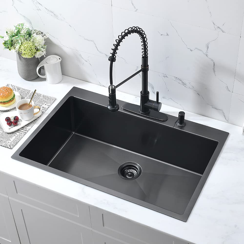 33x22 Inch Black Stainless Steel Drop-In Kitchen Sink - 16 Gauge Deep Matte Black Single Bowl with Dish Grid & Roll-Up Rack - Perfect for Modern Kitchens, Restaurants, and Food Prep Areas