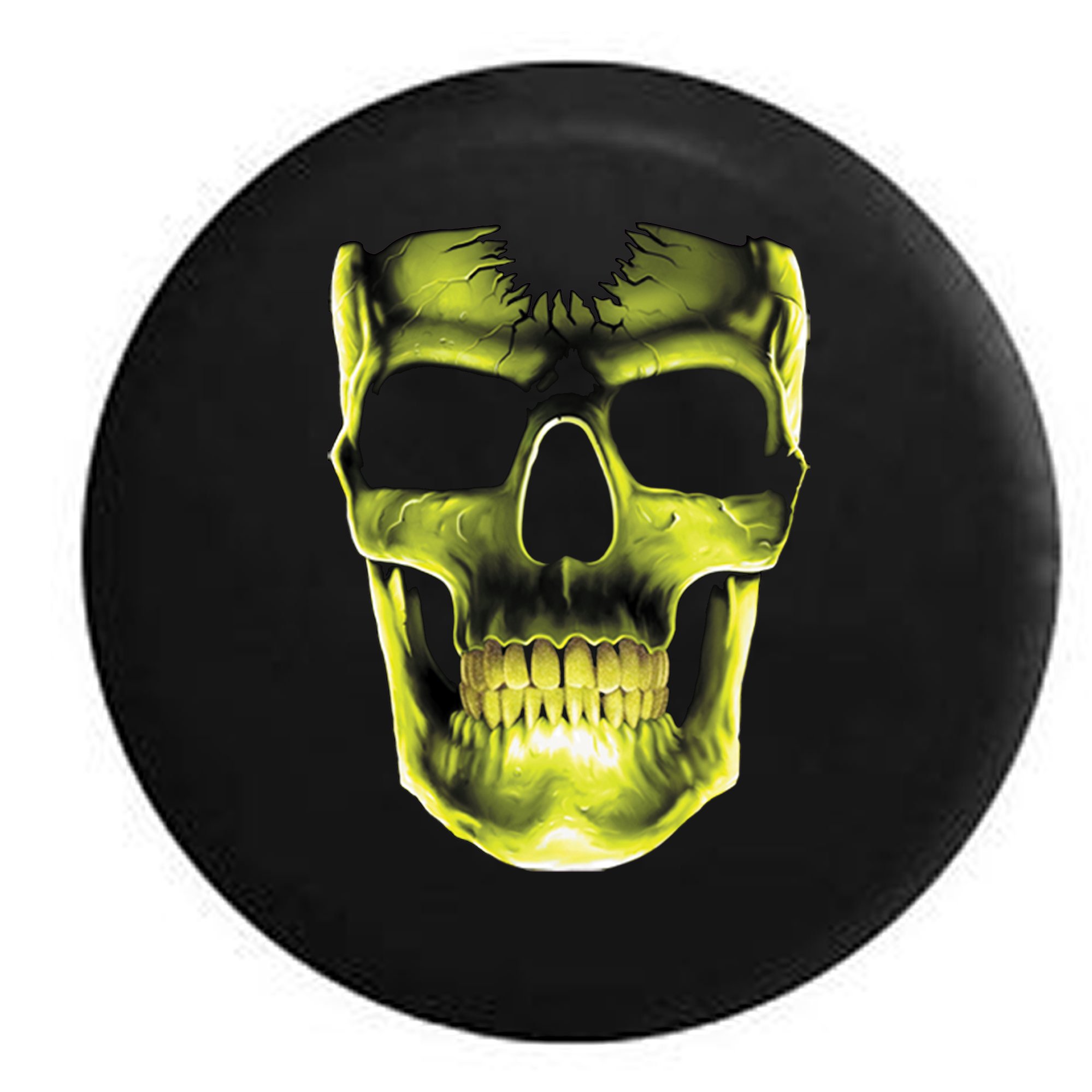 3D Cracked Grinning Skull Spare Tire Cover - 30 Inch Glow in The Dark Lime & Black Design for Jeep, SUV, Truck - Perfect for Off-Road Adventures & Halloween Decorations