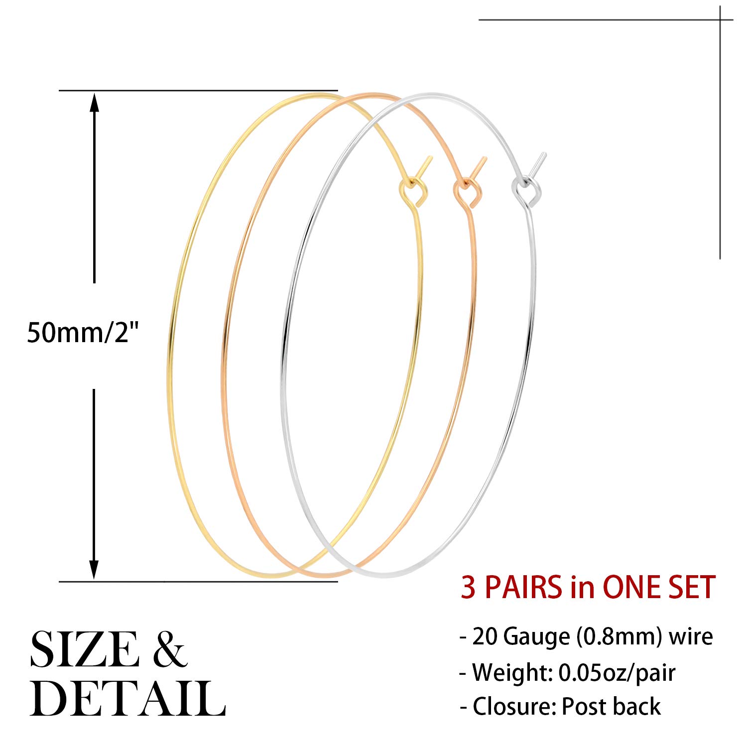 3 Pairs Large Gold Hoop Earrings for Women - 18K Gold Plated Lightweight Stainless Steel - Fashion Minimalist Geometric Round Earrings Set - Perfect for Everyday Wear, Parties & Gifts