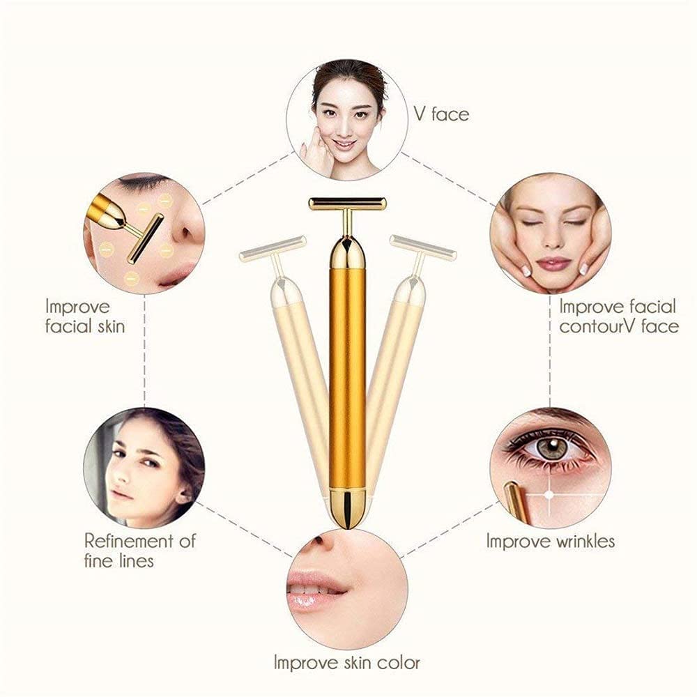 24K Gold Electric Vibration Facial Massager - Waterproof Anti-Wrinkle T-Shaped Massage Roller for Face, Neck & Body Care | Rechargeable Skin Tightening Device for Forehead, Cheeks, Clavicle, Arms & Legs | At-Home Spa Treatment & Travel Beauty Essential