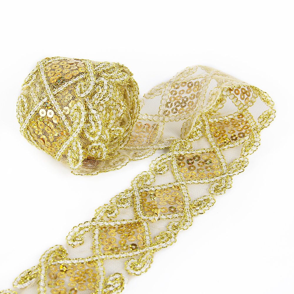 Sequins Lace Mesh Trim Ribbon - Gold Decorative Applique for Sewing Crafts, DIY Clothing, Curtains, Table Runners, Wedding Decor & Home Decoration - 10 Yards