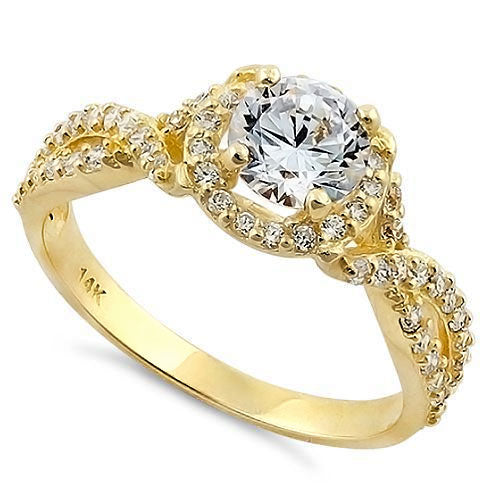 14K Yellow Gold Twist Round Halo Engagement Ring with Clear CZ Stones - Perfect for Proposals, Anniversaries & Bridal Jewelry