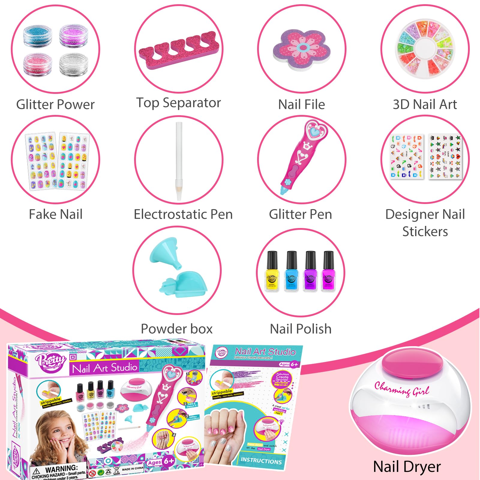 BATTOP Non-Toxic Kids Nail Polish Set for Girls Ages 6-12 - 10 Colors Quick Dry Peel Off Nail Art Kit with Nail Dryer & Glitter Pen | Safe Christmas Birthday Gift for Girls | Perfect for DIY Nail Art, Parties & Playdates