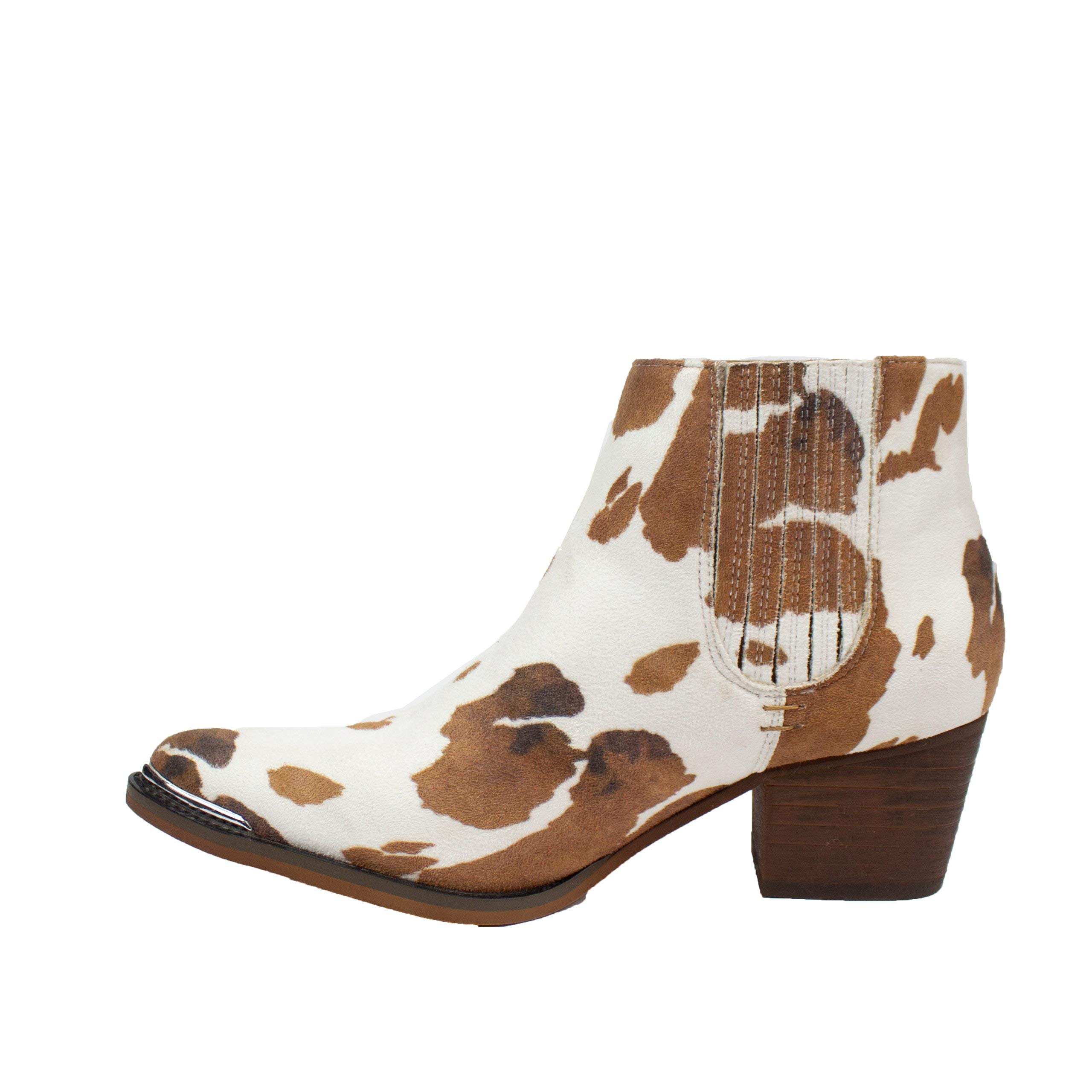Kathaya Women's Cow Print Slip On Ankle Boots - Low Heel Suede Booties for Women | Casual Fall & Winter Fashion, Outfit with Jeans or Dresses