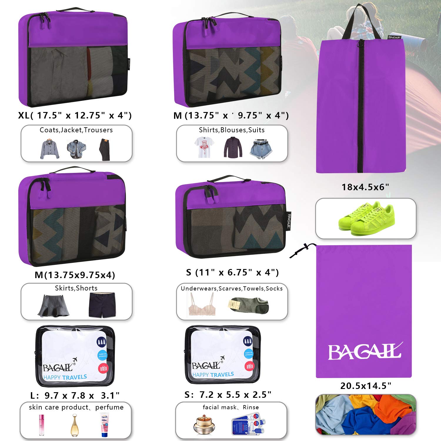 BAGAIL 8-Piece/9-Piece Travel Packing Cubes Set - Luggage Organizer for Suitcase, Compression Packing Bags for Clothes & Travel Accessories - Perfect for Vacation, Business Trips & Weekend Getaways