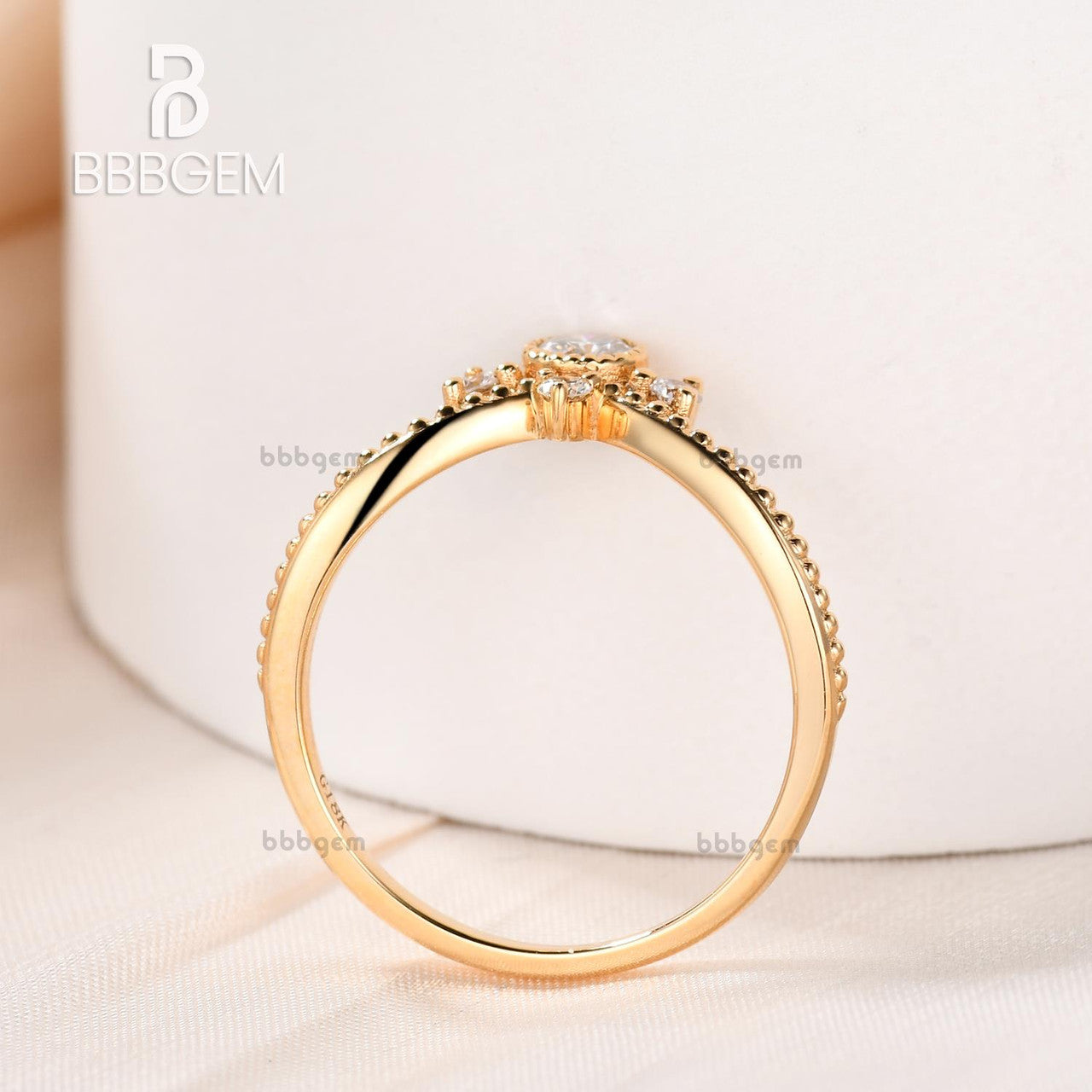 18K Yellow Gold Floral Petite Curve Diamond Wedding Band for Women - Elegant Beaded Ring for Bridal, Engagement & Anniversary Gifts