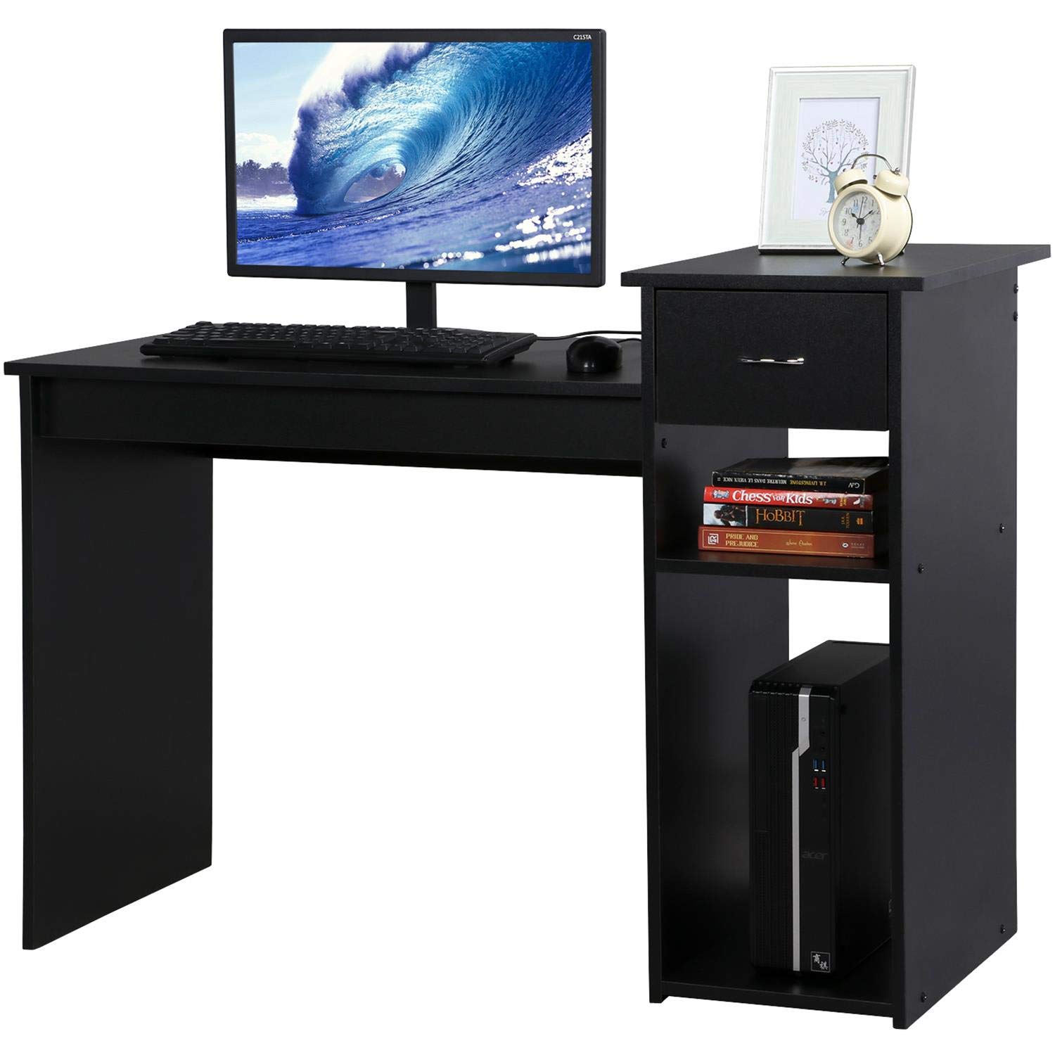 Topeakmart 47 Inch Modern Computer Desk with Drawers & Printer Shelf - Home Office Desk, Study Writing PC Table Workstation for Small Spaces - Perfect for Remote Work, Online Classes & Home Office Setup
