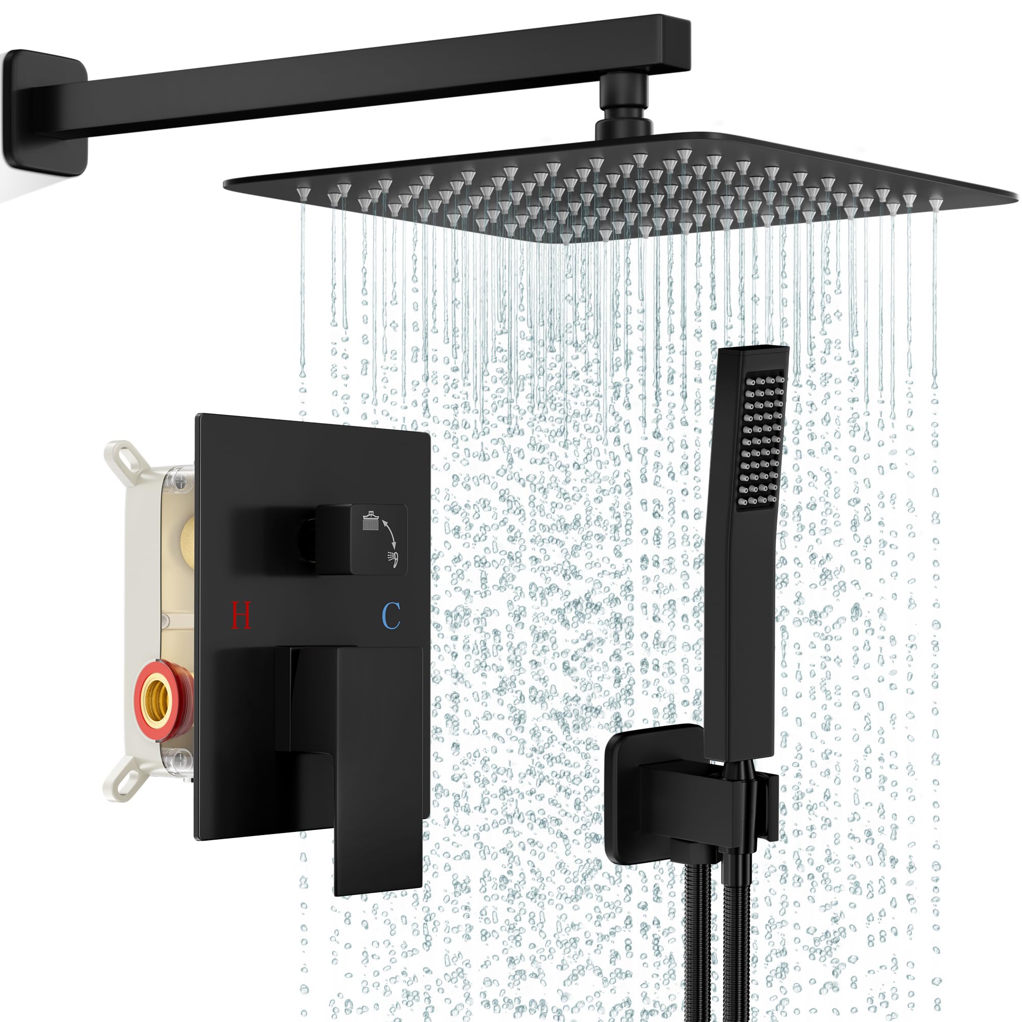 Premium Matte Black Shower Faucet Set - 10 Inch Rainfall Shower System with Wall Mounted Shower Head & Handle - Full Metal Trim Repair Kit (Includes Shower Valve) for Luxurious Bathroom Upgrade & Spa-Like Experience