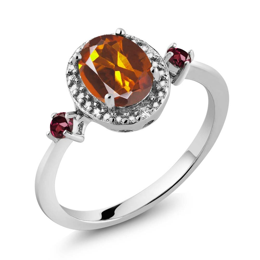 1.29 Ct Orange Red Madeira Citrine & Red Rhodolite Garnet 925 Sterling Silver Ring with Accent Diamond | Gem Stone King | Elegant Jewelry for Women, Perfect for Weddings, Anniversaries & Special Occasions