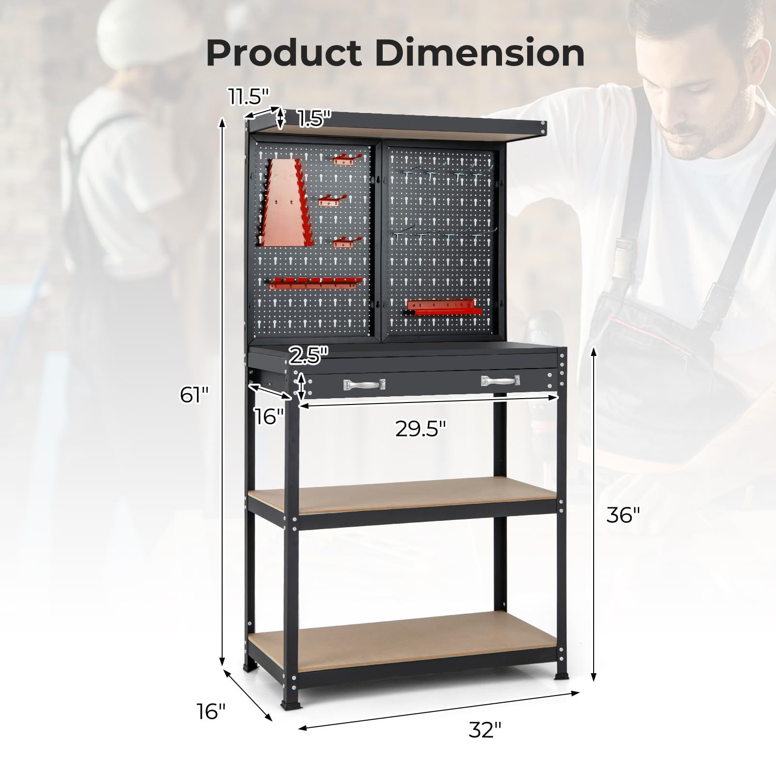 Heavy Duty IRONMAX 32’’ Workbench with Drawers - 14 PC Hanging Kits, 2 Storage Shelves & Long Drawer - Sturdy Workstation Organizer for Garage, Home Workshop, Auto Repair & DIY Projects