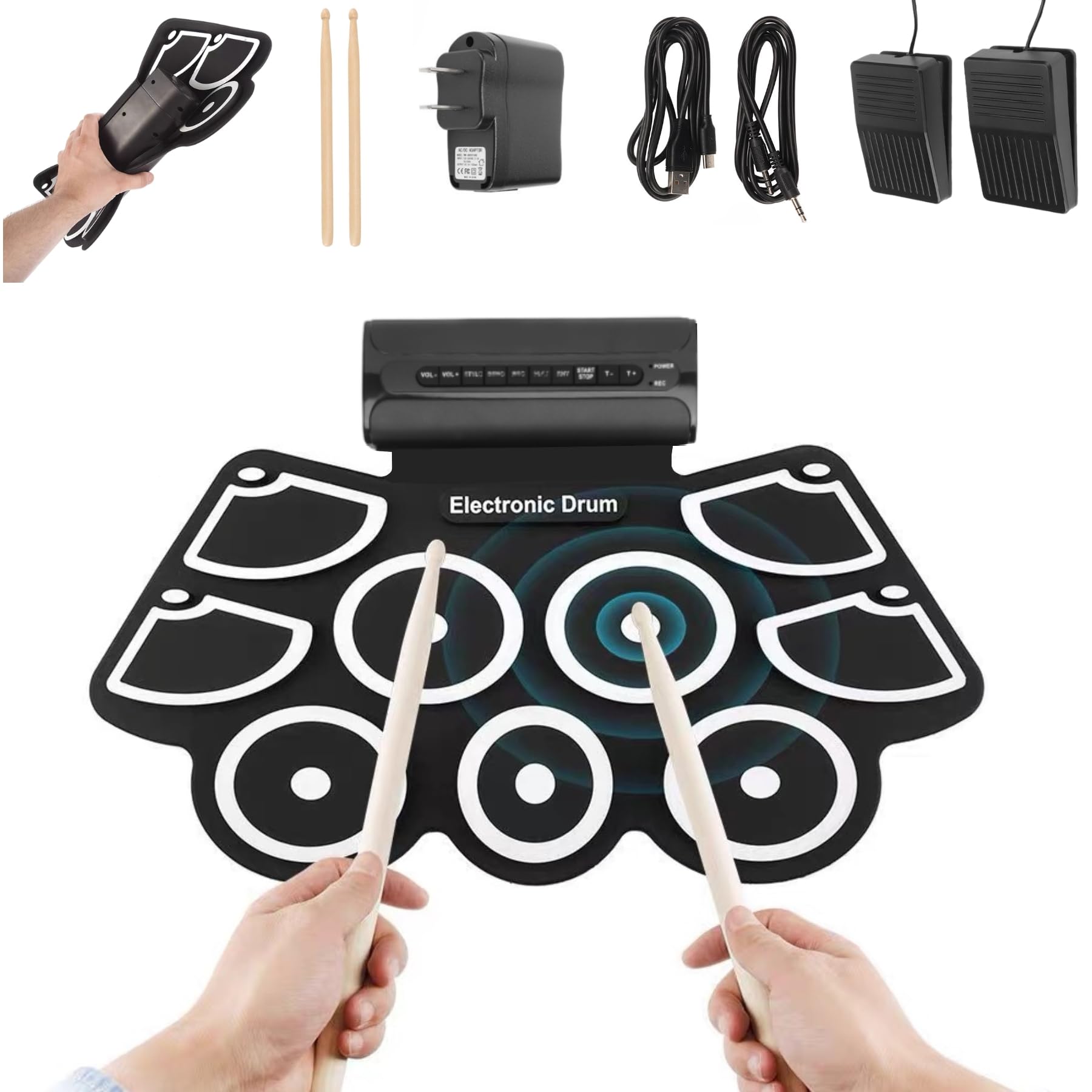 9-Pad Electric Drum Set with Roll-Up Design - Portable Practice Drum Kit with Built-in Speaker, Pedals & Sticks, 10+ Hours Playtime - Perfect for Kids & Beginners (US Plug) | Ideal for Home Practice, Music Lessons & Gift Giving