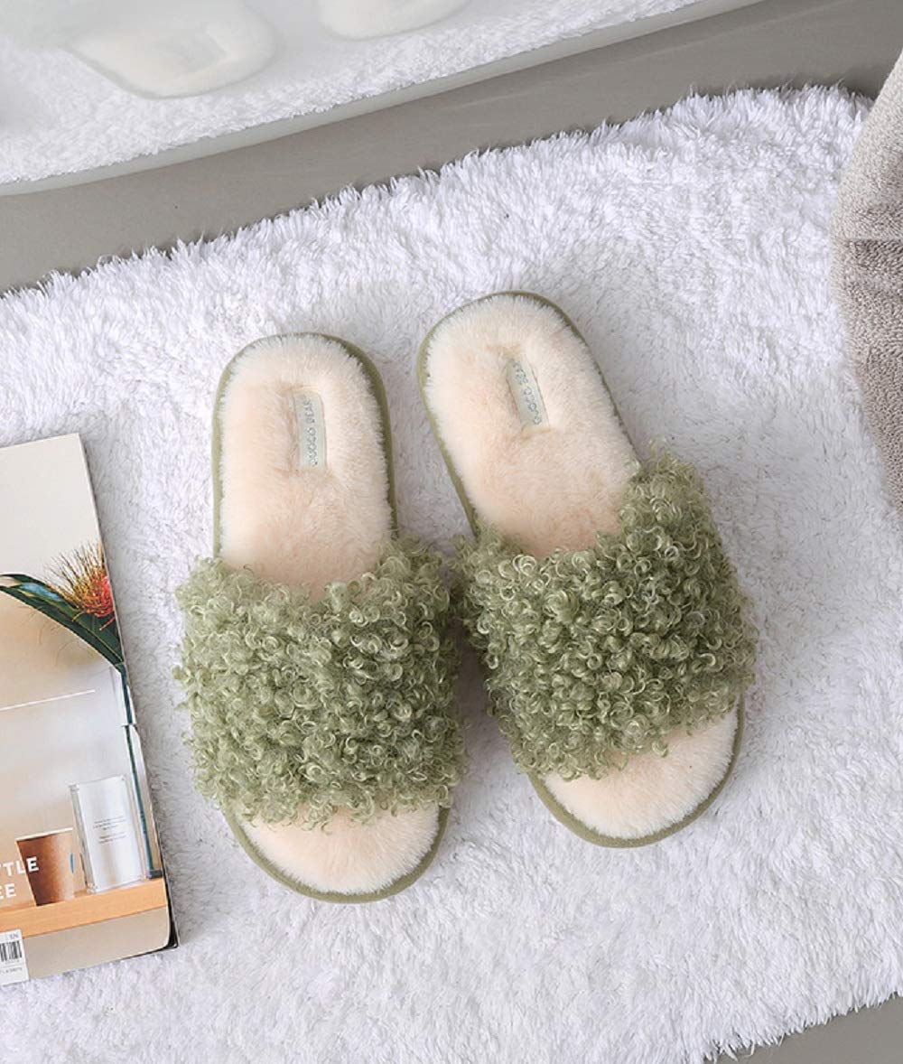 YUCHE Women's Open Toe Fur Slippers - Fluffy Plush Indoor/Outdoor House Shoes with Non-Slip Sole - Comfortable Flat Slippers for Women (Size 9, Green) - Perfect for Lounging, Spa Days & Cozy Home Wear