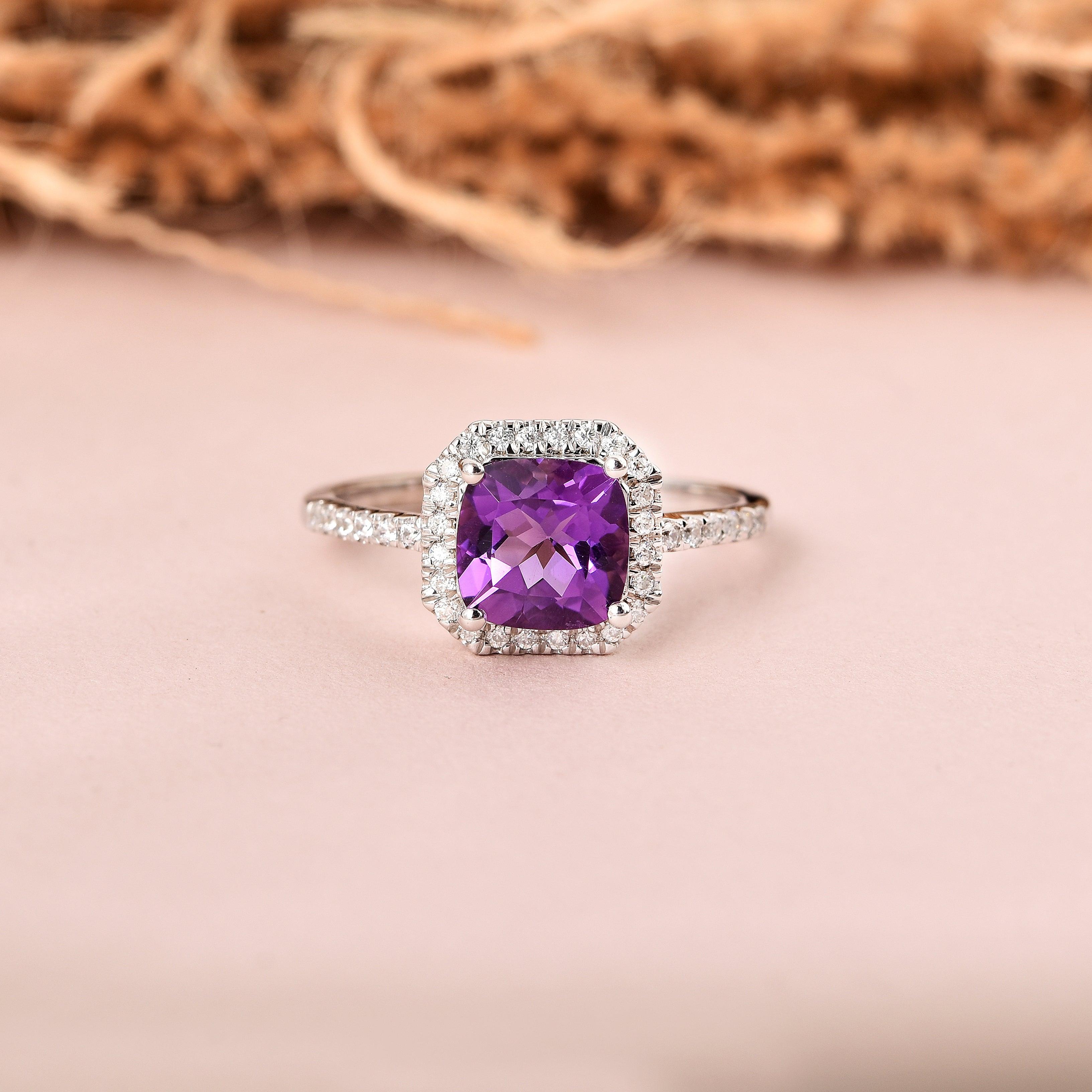 Natural Amethyst Cushion Halo Ring - 14K Gold Plated Vintage Style Engagement Ring for Women, Perfect for Wedding, Anniversary & Romantic Gifts