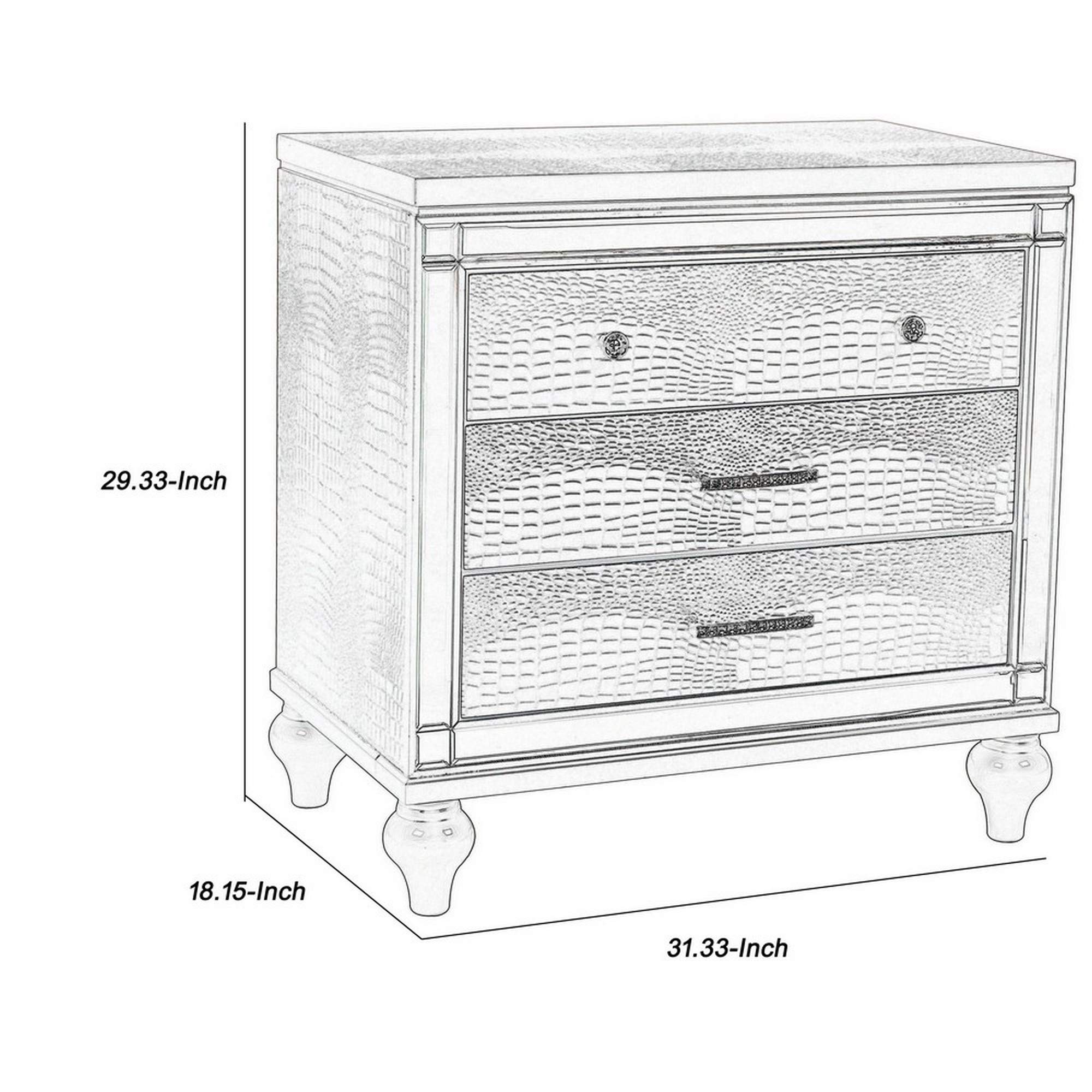 Benjara 3 Drawer Wooden Nightstand with Mirror Accents & Crystal Knobs - Silver Finish Bedside Table for Bedroom, Living Room, or Guest Room Decor