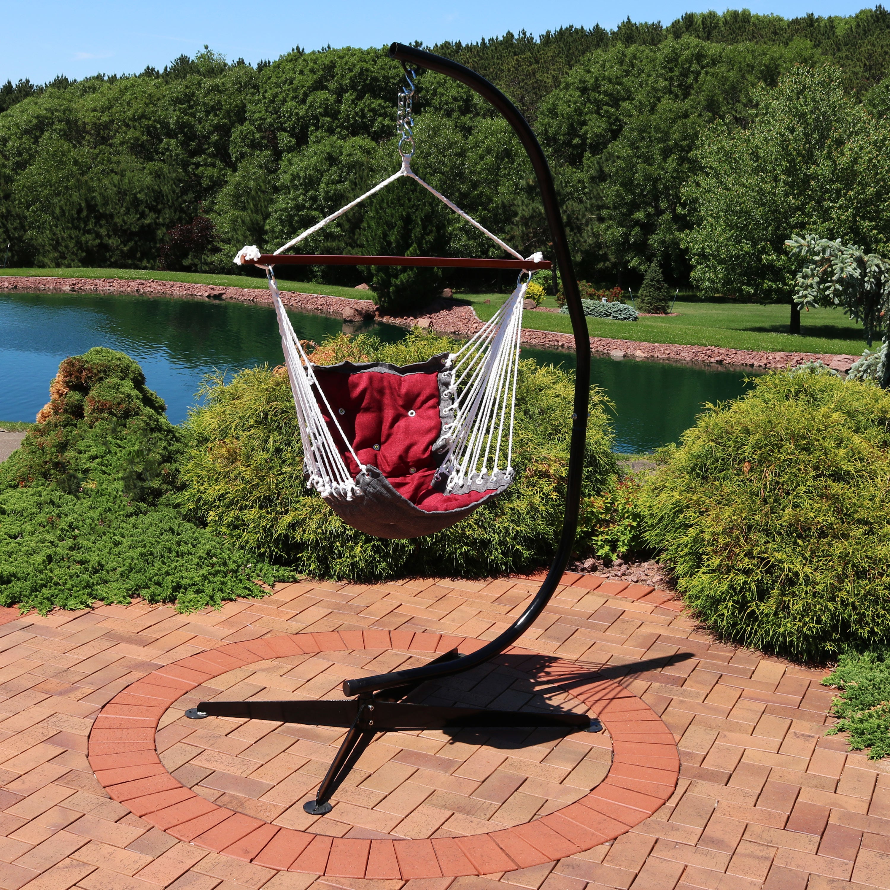 Sunnydaze Tufted Victorian Outdoor Hammock Chair Swing with C Stand - Comfortable Patio Hanging Chair for Garden, Porch, and Backyard Relaxation