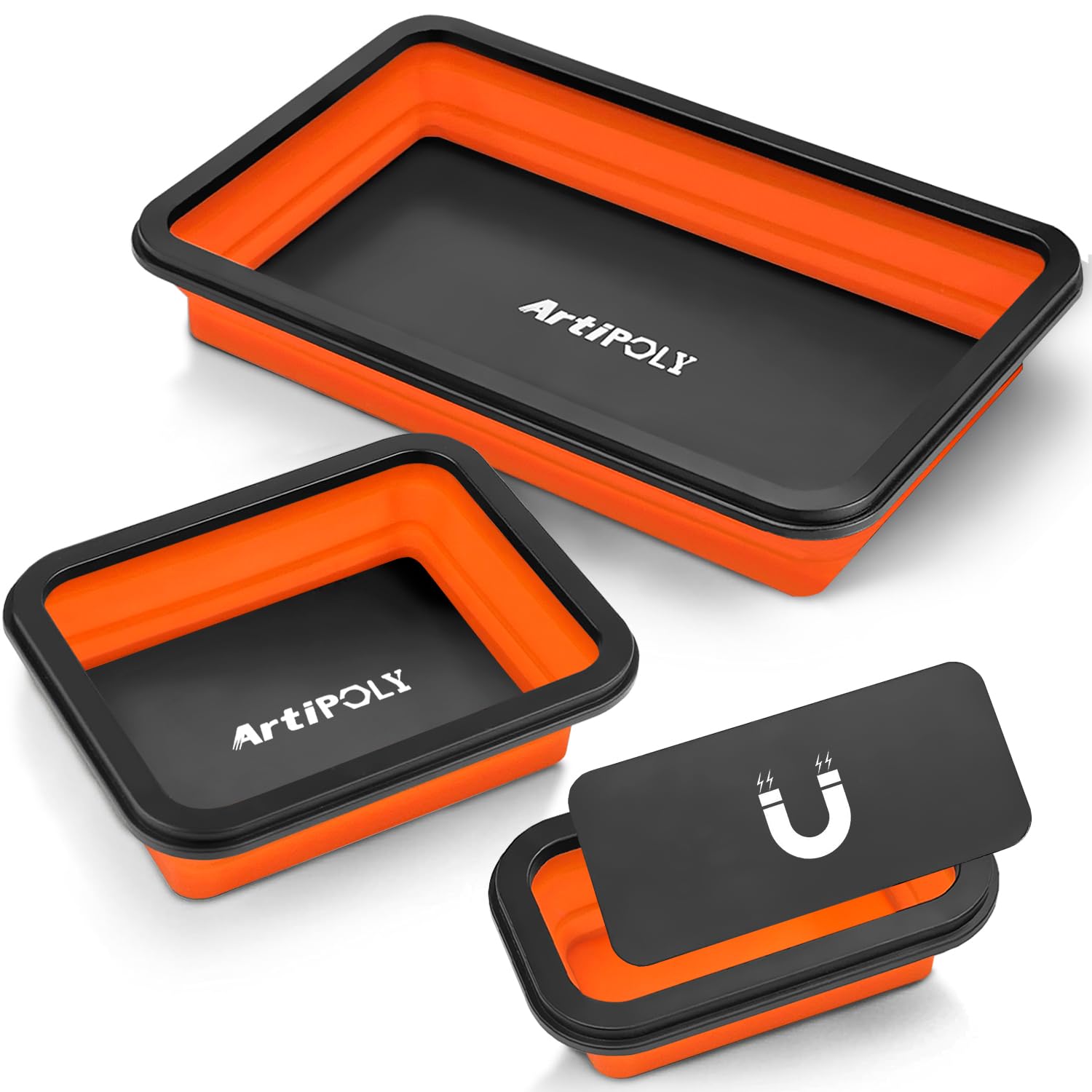 Collapsible Magnetic Parts Tray Set - 3 Sizes Foldable Silicone Tool Trays for Bolts, Screws, Nuts & Small Metal Parts | Durable Mechanic Organizer for DIY, Auto Repair & Workshop Organization | Perfect for Garage, Home Improvement & Professional Use