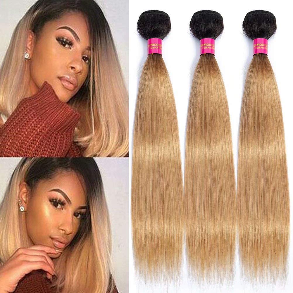 FEEL ME Ombre Brazilian Hair Weave 3 Bundles 10 12 14 Inch - 1B/27 Honey Blonde Straight Virgin Hair Extensions | 8A Mink Unprocessed Human Hair | Perfect for Daily Styling, Parties & Special Occasions