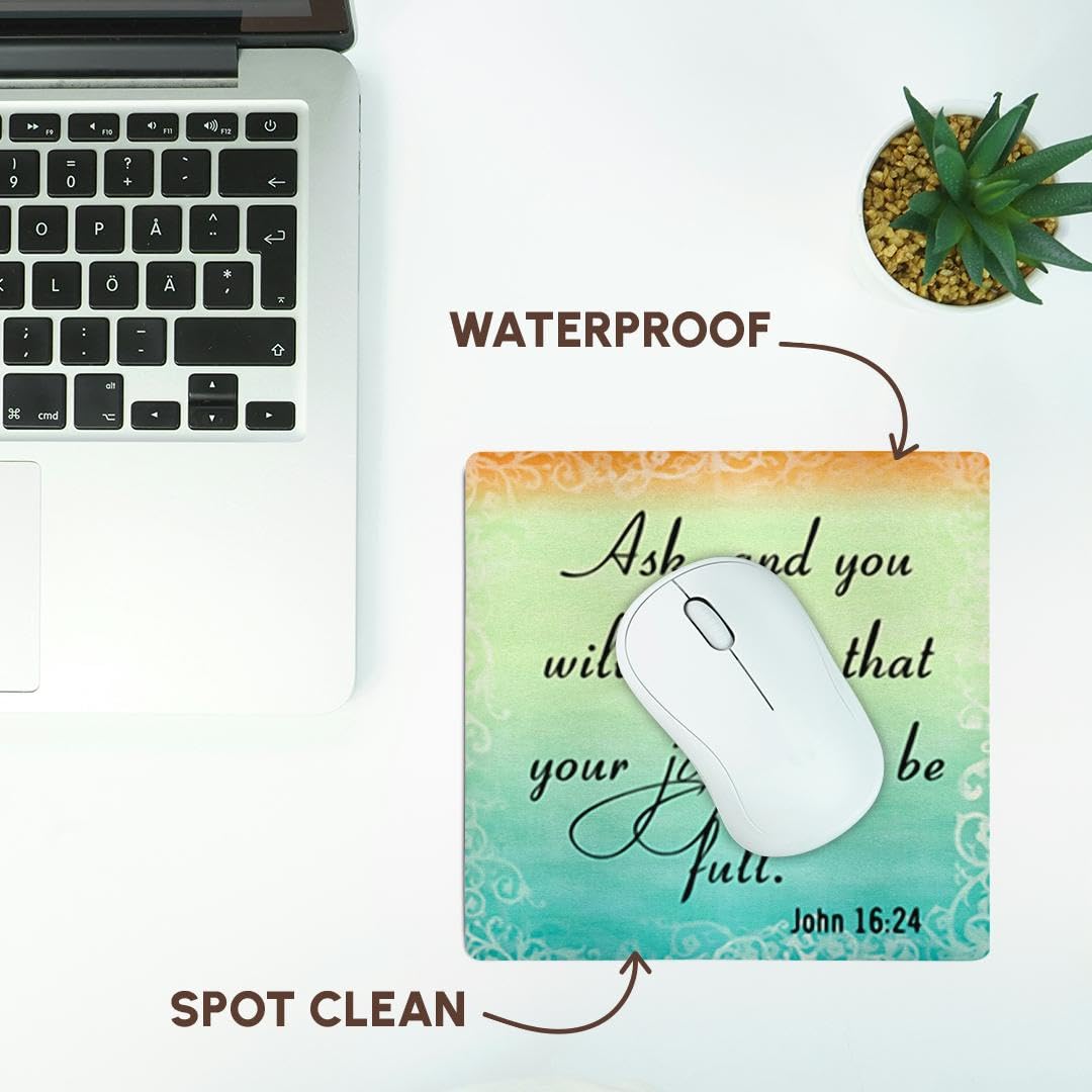 John 16:24 Gradient Pastel Bible Verse Christian Inspirational Mouse Pad - 8x8 Inches Non-Slip Desk Mat for Office, Prayer & Bible Study - Perfect Gift for Christians (mp_150078_1)