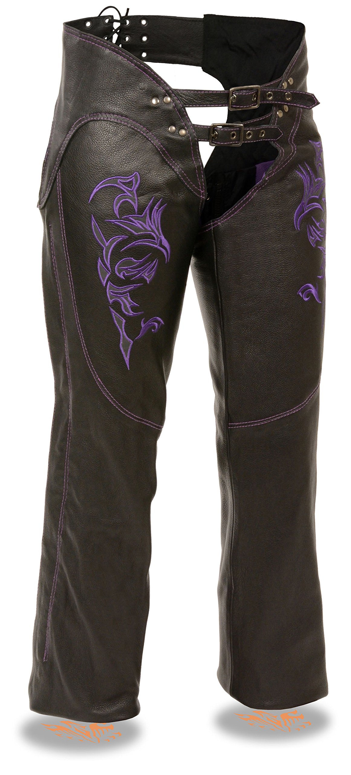 Milwaukee Leather Women's Motorcycle Chaps with Reflective Tribal Embroidery - Size Small | Perfect for Harley Davidson Riders & Biker Fashion Enthusiasts
