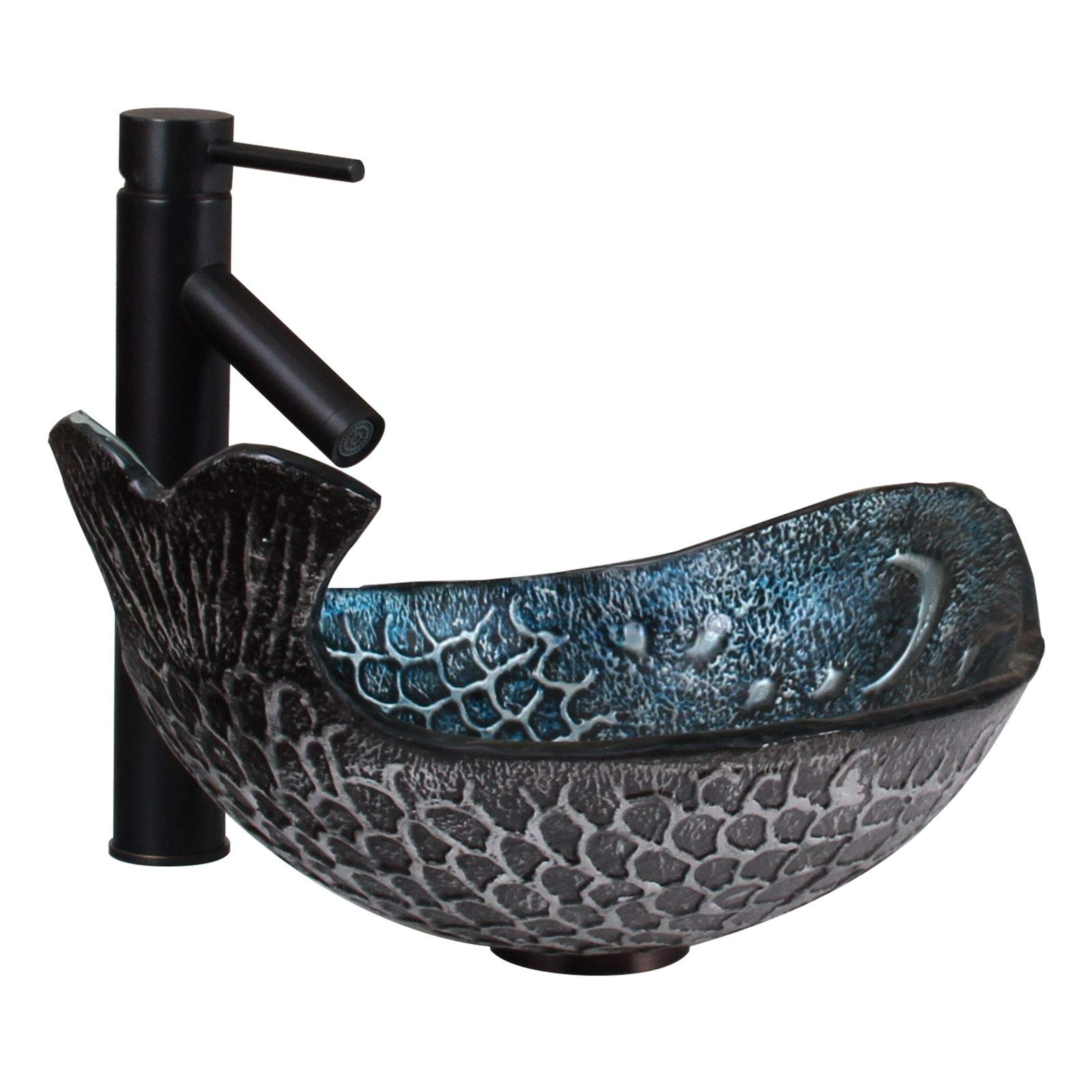 ELITE Pacific Whale Pattern Tempered Glass Bathroom Vessel Sink with Oil Rubbed Bronze Single Lever Faucet - Modern Vanity Sink for Coastal, Nautical & Beach House Bathroom Decor