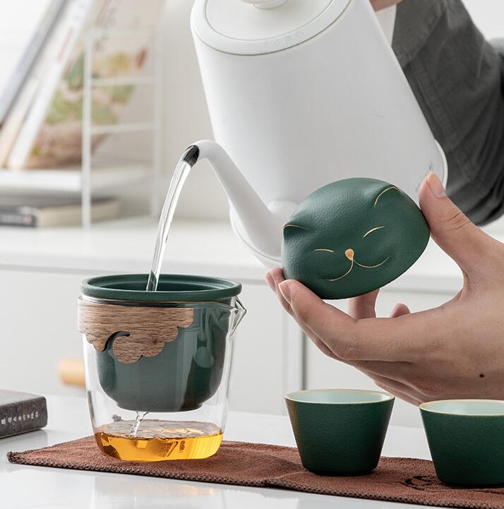 Maneki Neko Fortune Cat Travel Tea Set - Japanese Lucky Cat Ceramic Tea Cup with Infuser | Perfect for Office, Home, and Travel Use
