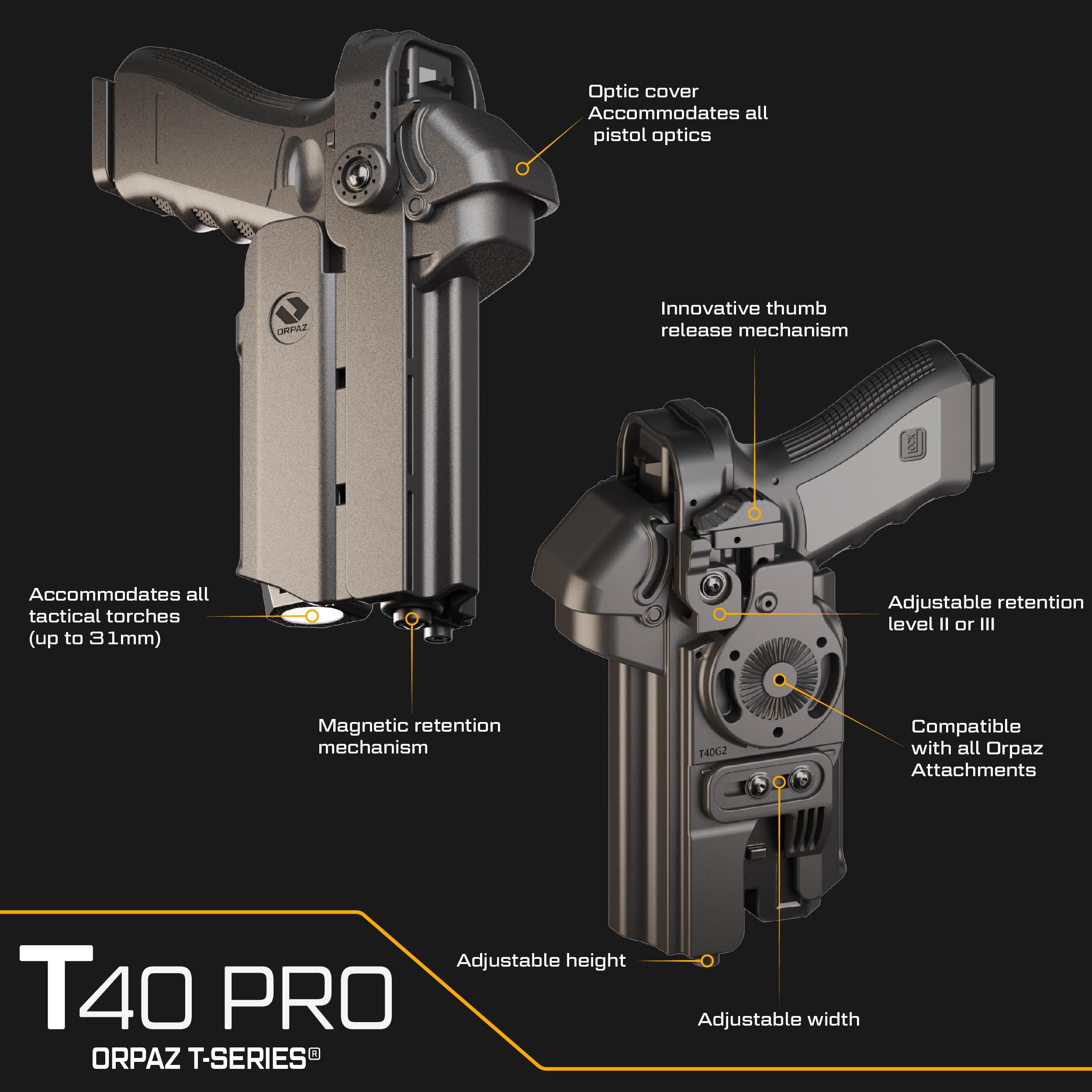 Orpaz T40 G45 OWB Light Bearing Holster - Level II/III Retention - Compatible with Glock 45 & Most Weapon Lights/Lasers/Optics - Perfect for Duty Carry, Range Training & Tactical Use