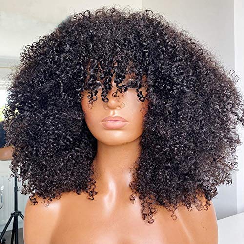 Afro Kinky Curly Human Hair Wig with Bangs - 200% Density Virgin Brazilian Hair - 24 Inch Short Curly Wig with Machine Made Scalp - Natural Black Color for Women - Perfect for Daily Wear, Cosplay & Special Occasions