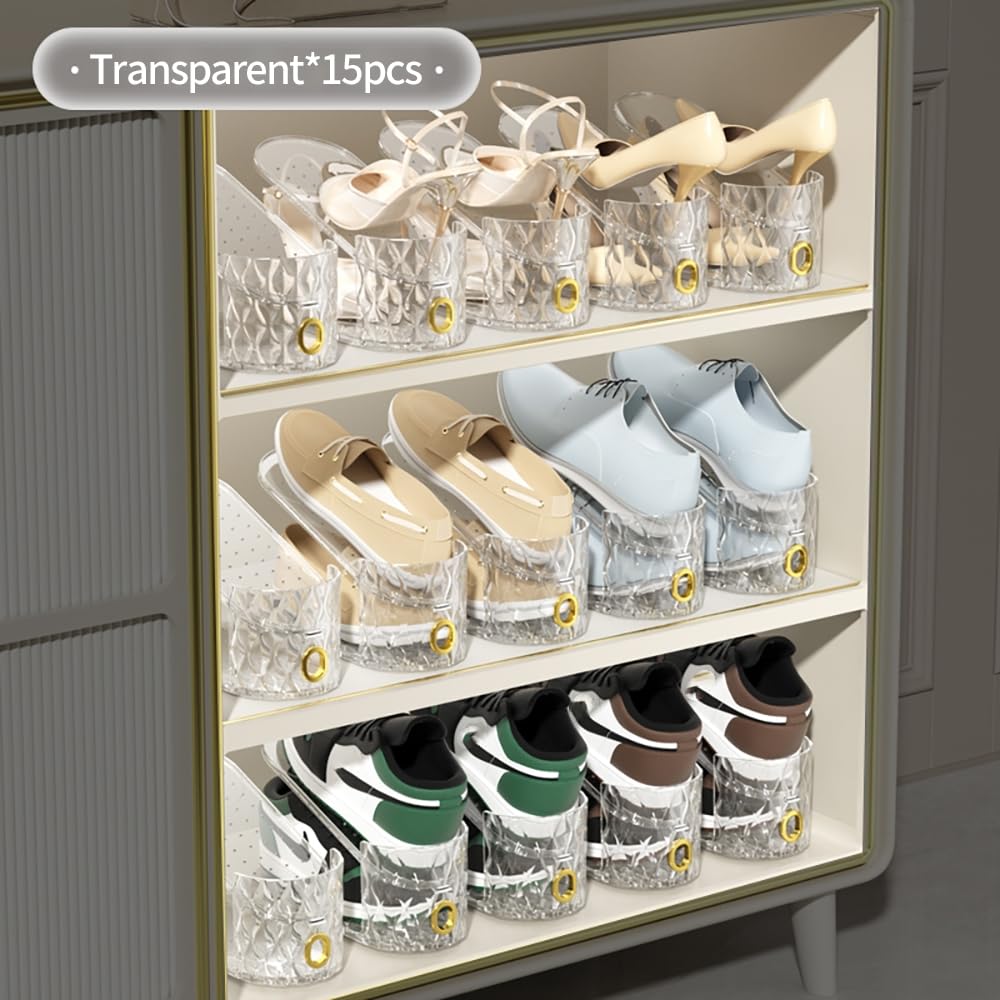 15 Pack Clear Adjustable Shoe Organizer - Double Layer Stackable Shoe Rack for Sneakers, Heels & Flats - Space Saving Closet Storage Solution for Bedroom, Entryway & Dorm Organization