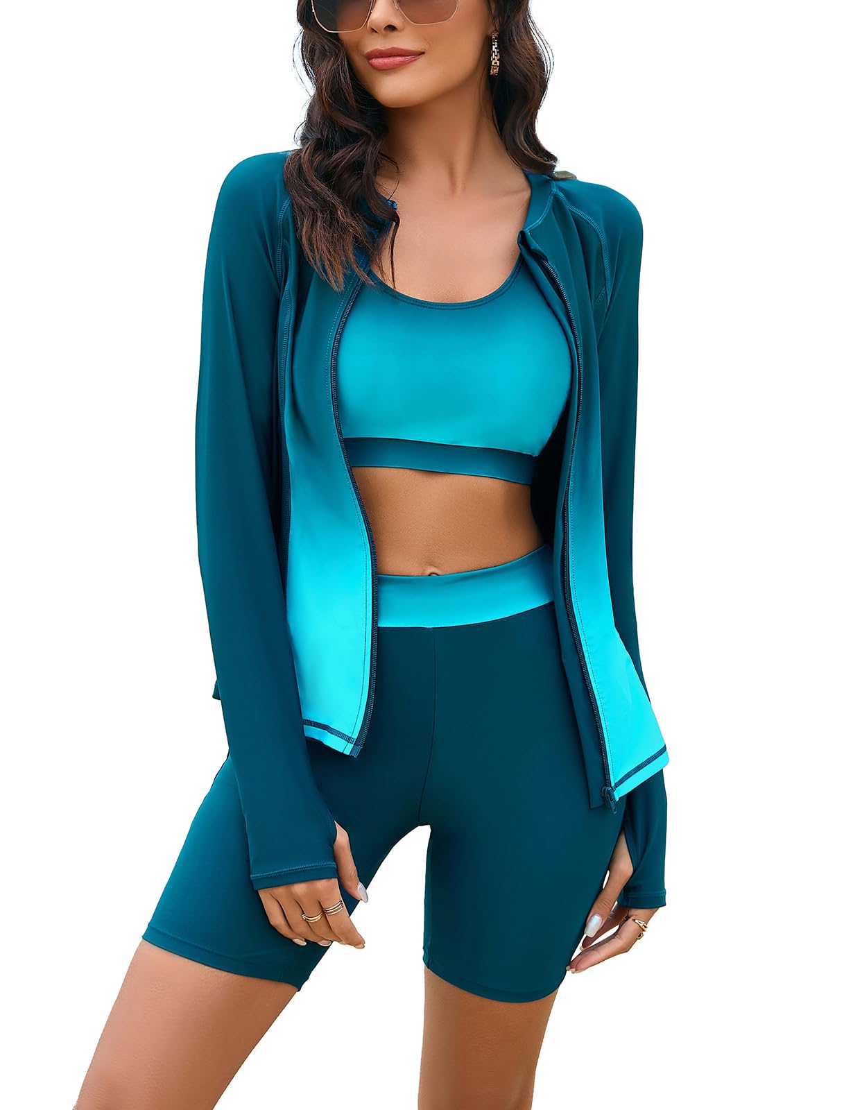 GRACE KARIN Women's 3 Piece Rash Guard Swimsuit Set with Built-in Bra, Long Sleeve UV Sun Protection, Zip Up Swim Top - Modest Beachwear for Swimming, Surfing & Water Sports
