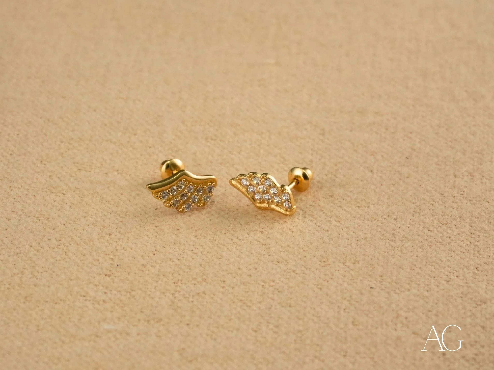 18k Gold CZ Angel Wing Earrings for Women - Elegant Winged Stud Earrings for Everyday Wear, Gift Giving & Special Occasions