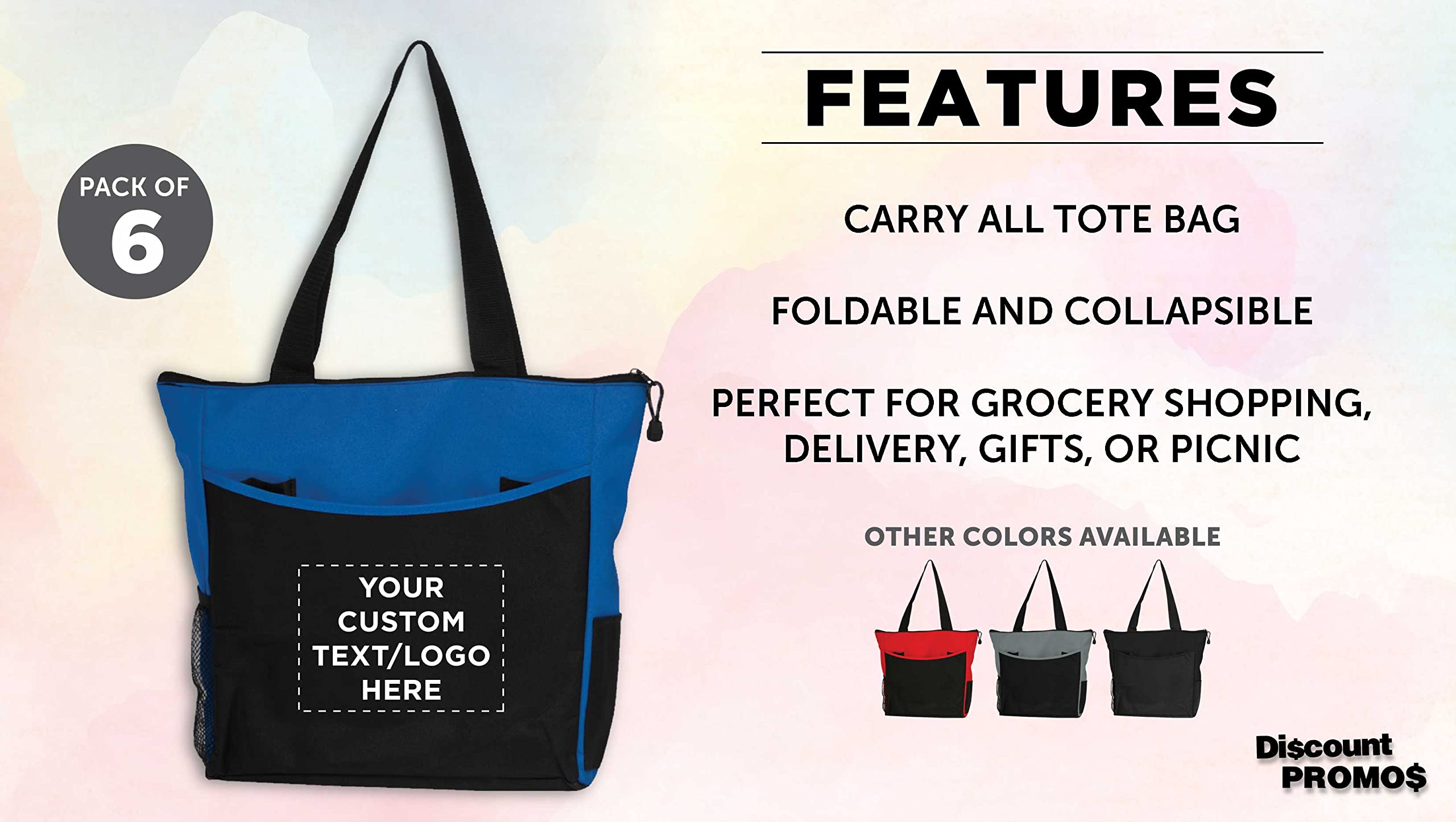 Custom Personalized Beach Tote Bags with Mesh Pockets - Set of 6 Reusable Bulk Pack - Perfect for Picnic, Camping, Beach & Outdoor Activities - Blue | Great for Summer Vacations, Pool Parties and Family Outings