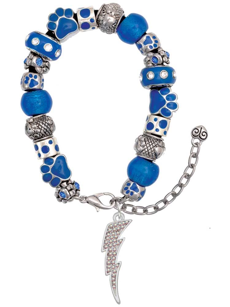 Delight Jewelry Silver-Tone Crystal Lightning Bolt Bracelet with Blue Paw Print Beads - Adjustable 7
