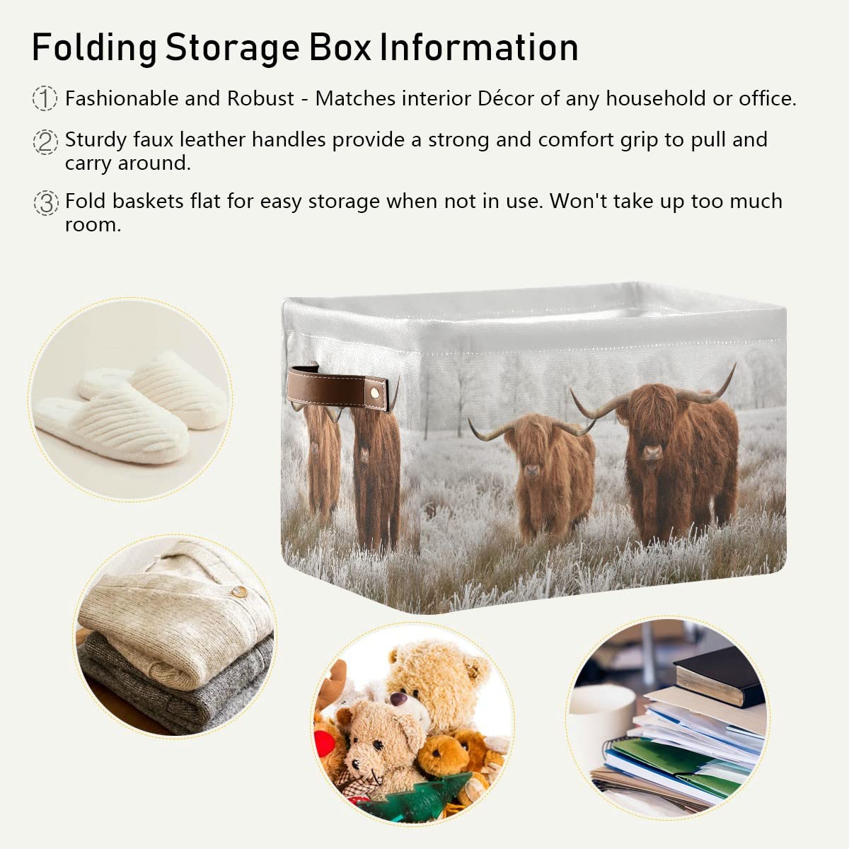 Scottish Highland Cow Fabric Storage Bin - Foldable Storage Basket for Baby Clothes, Dog Toys & Books - Farmhouse Decor Organizer (16×12×8 Inches) - Perfect for Nursery, Closet & Shelf Organization