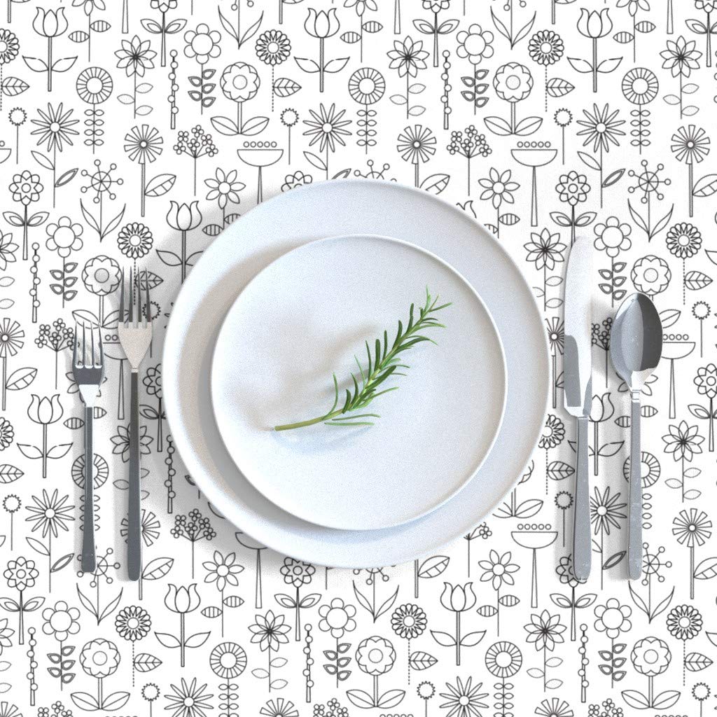 Mod Doodle Blooms Floral Cotton Sateen Tablecloth 70x90 Inches - Black & White Geometric Daisy Minimalist Print Custom Table Linens for Dining Room & Party Decor