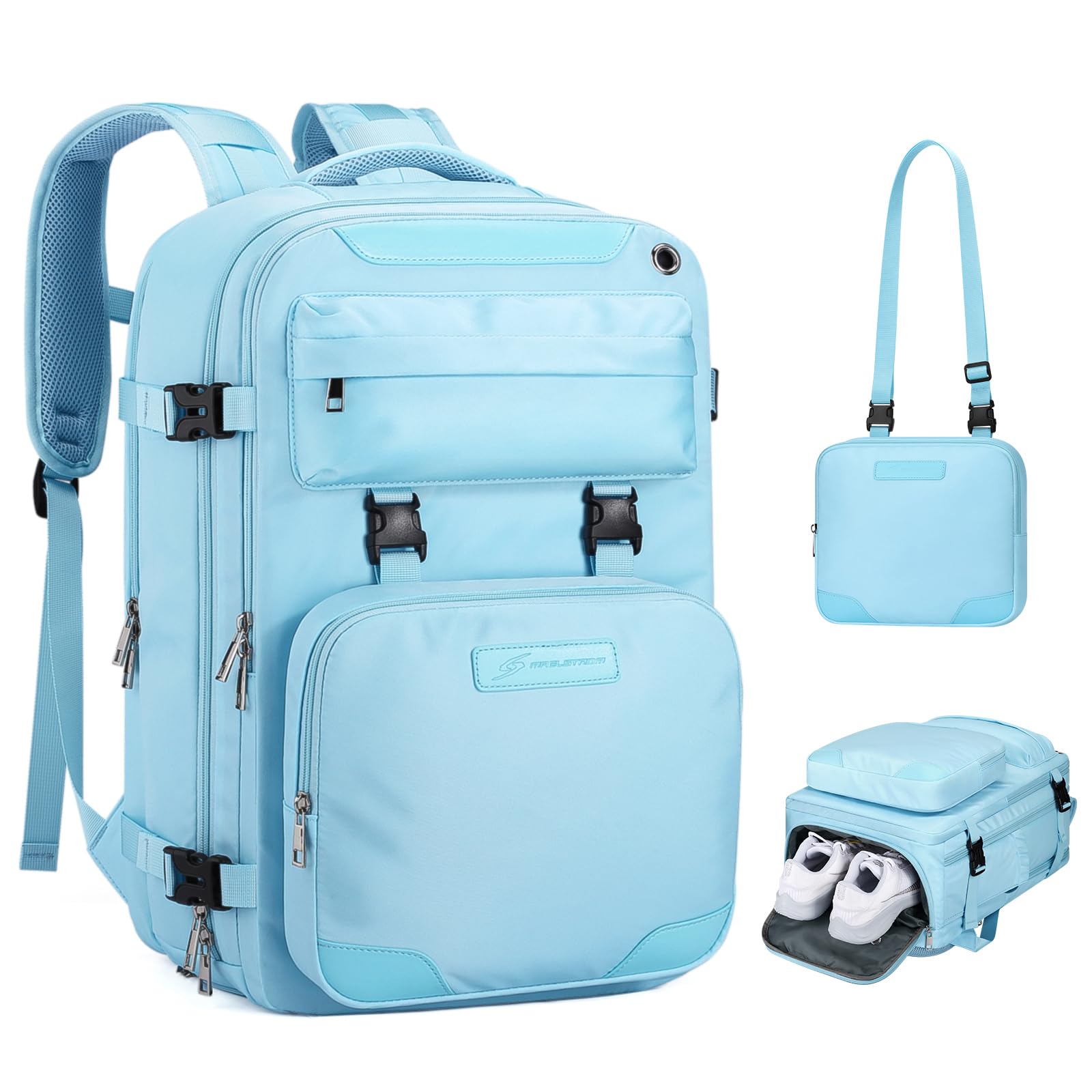 **35L Waterproof Travel Backpack for Women & Men - Light Blue Large Laptop Backpack Fits 17-Inch Laptop, Airplane Carry-On with Detachable Crossbody Bag & Shoe Compartment - Perfect for Business Trips, Hiking & Weekend Getaways**