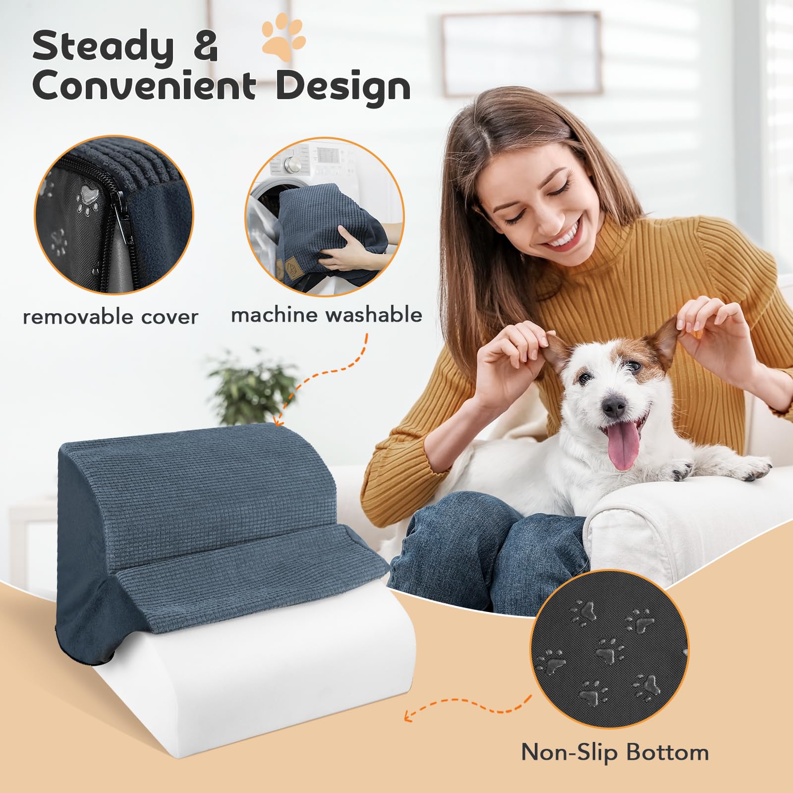 Mestuel 2-Step Foam Dog Stairs for Small Dogs - Non-Slip Bottom & Washable Cover - Light Blue Pet Steps for Couch, Sofa, Bed Access - Indoor Pet Ramp for Elderly or Injured Dogs